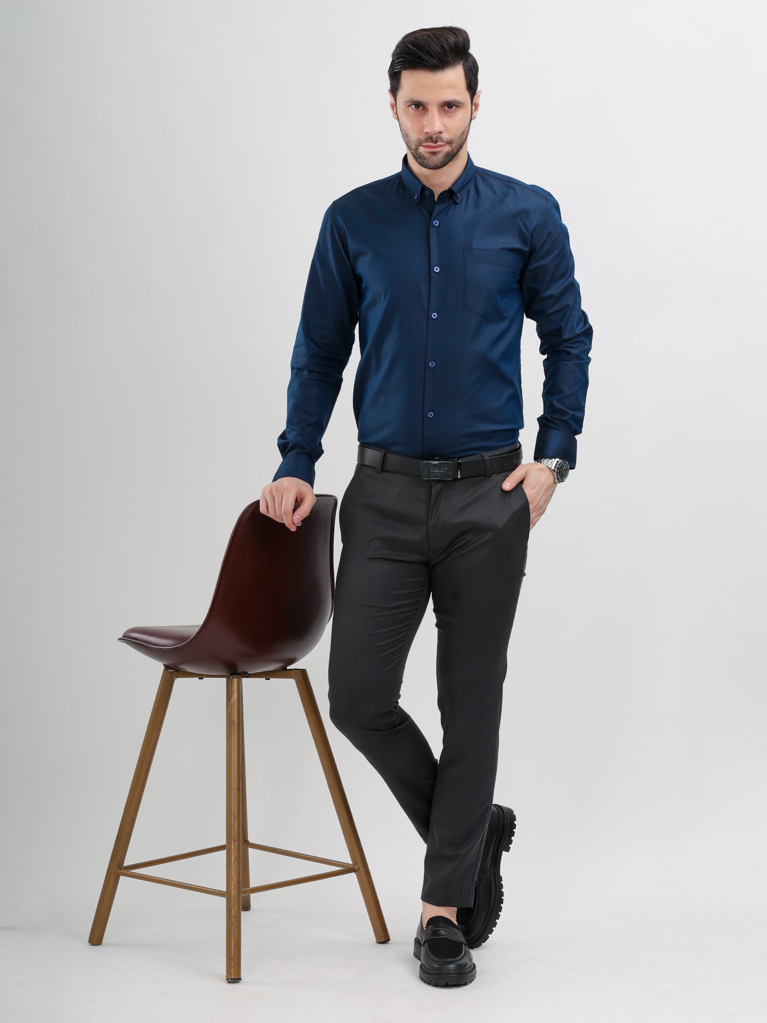 M Excess Solid Steel Blue Dress Shirt