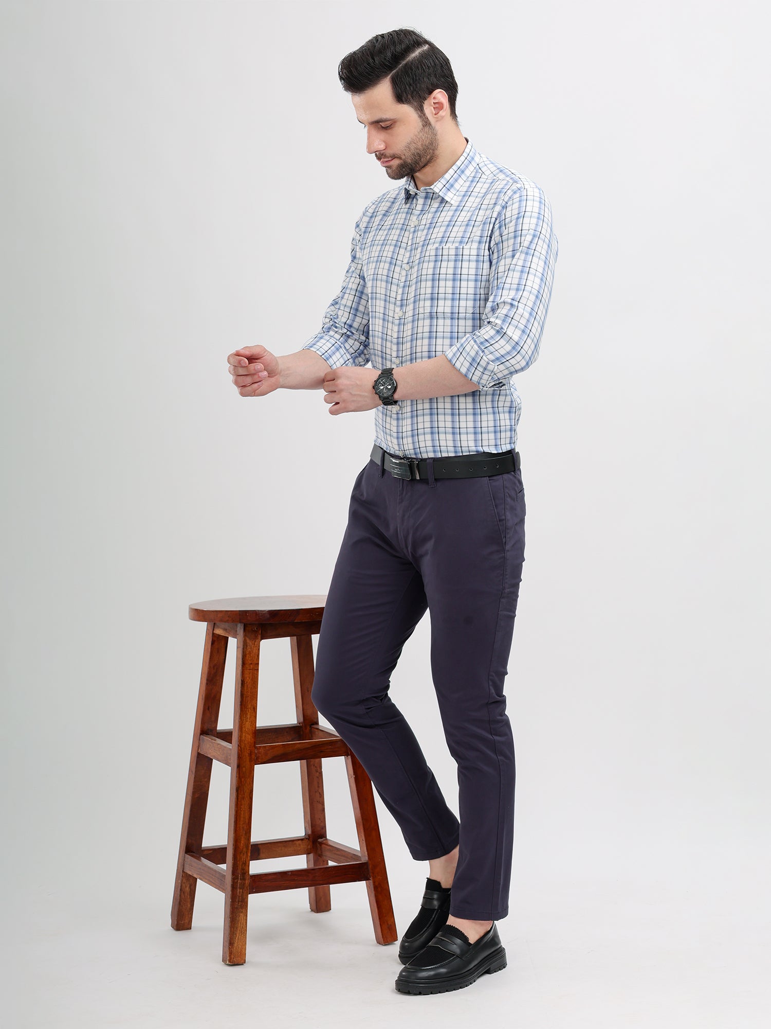 M Excess Checks Sky Blue Dress Shirt
