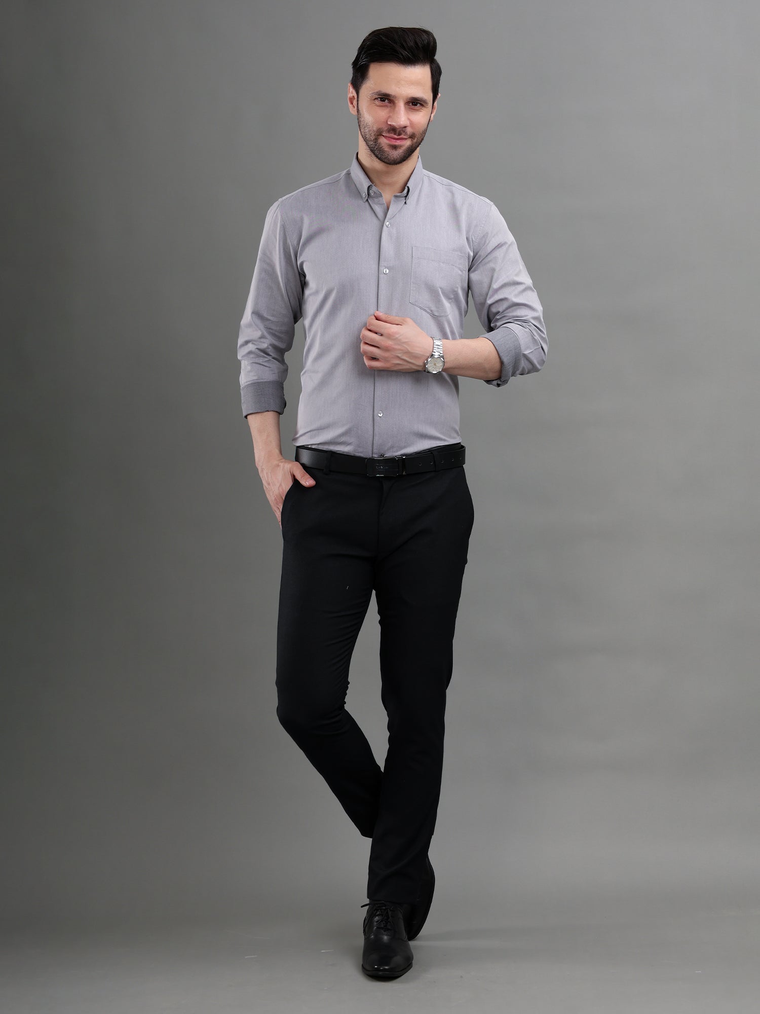 M Excess Solid Fossil Grey Dress Shirt