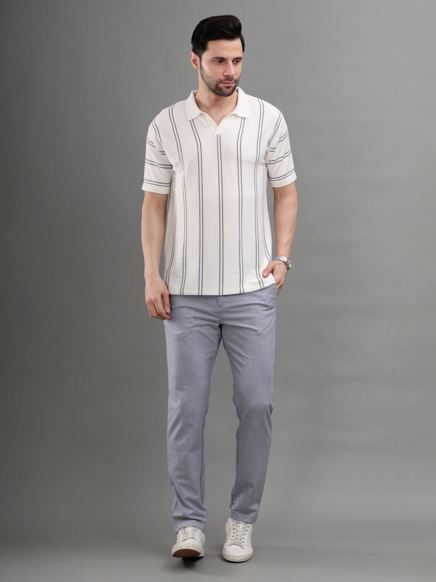 M Excess White Stripes Knit Polo