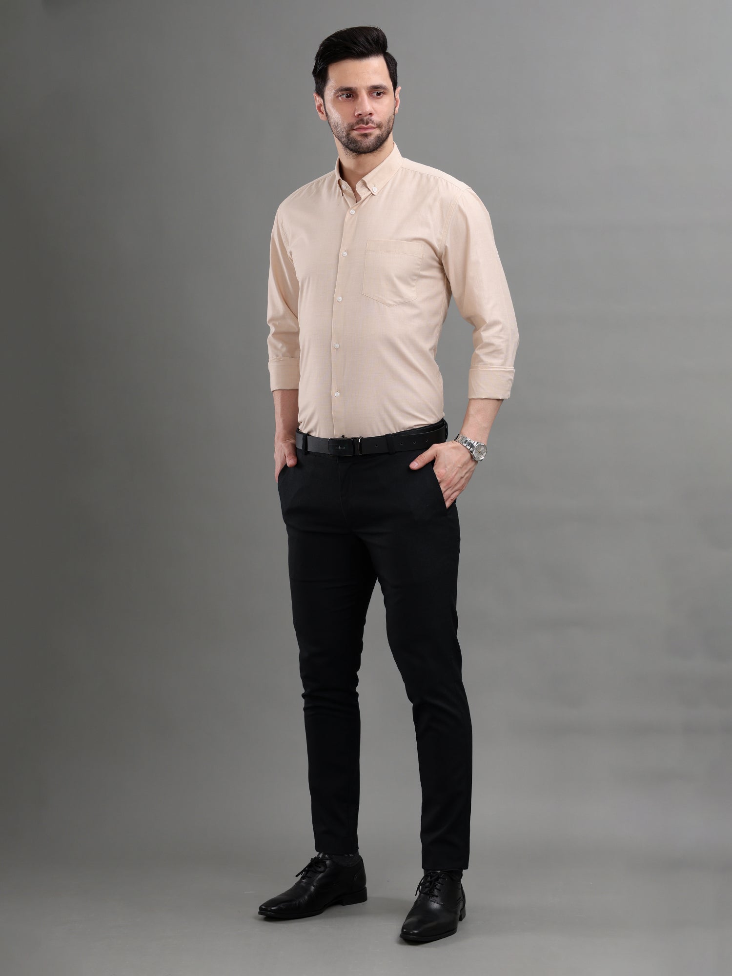 M Excess Solid Pastel Peach Dress Shirt