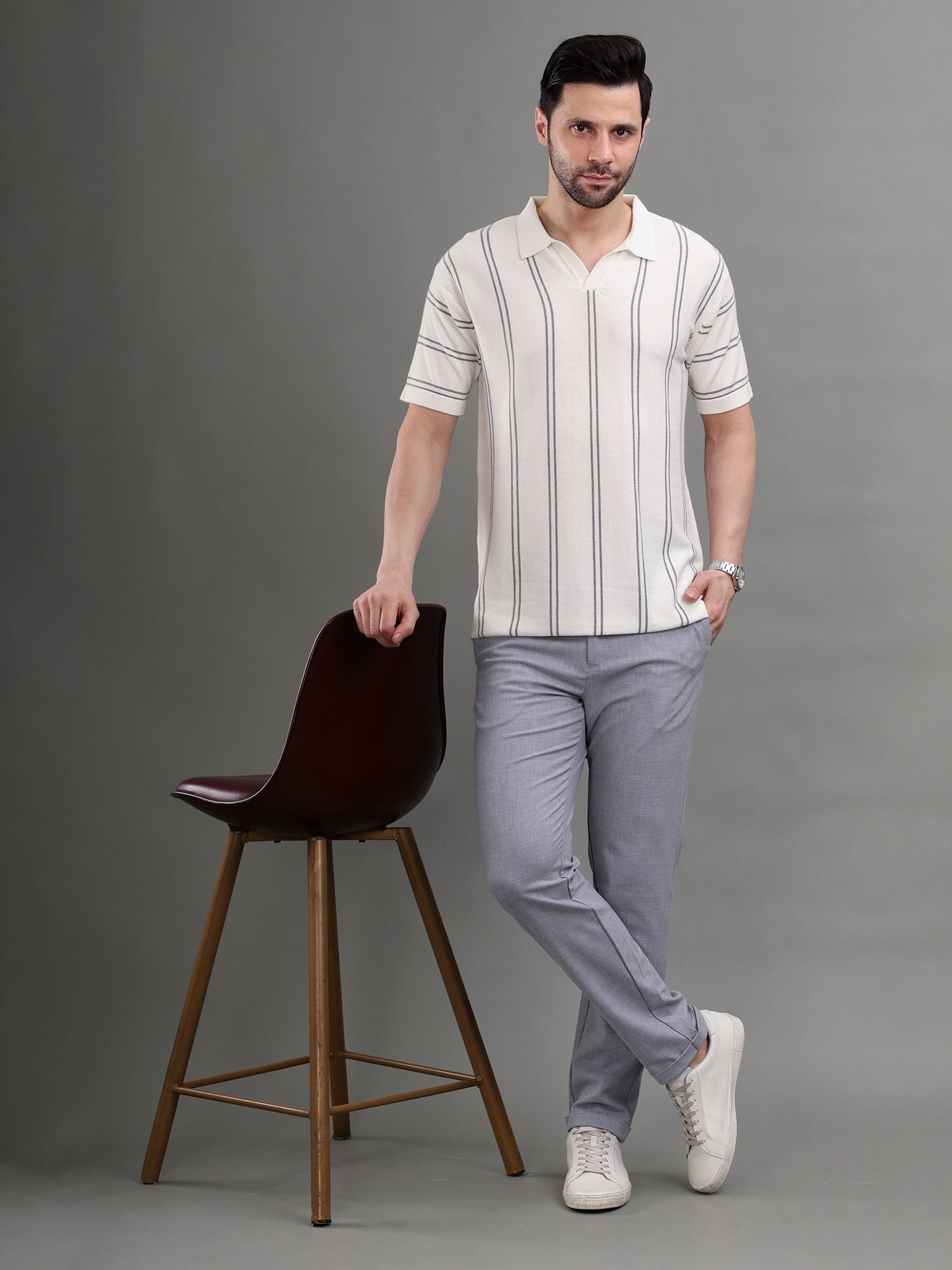 M Excess White Stripes Knit Polo