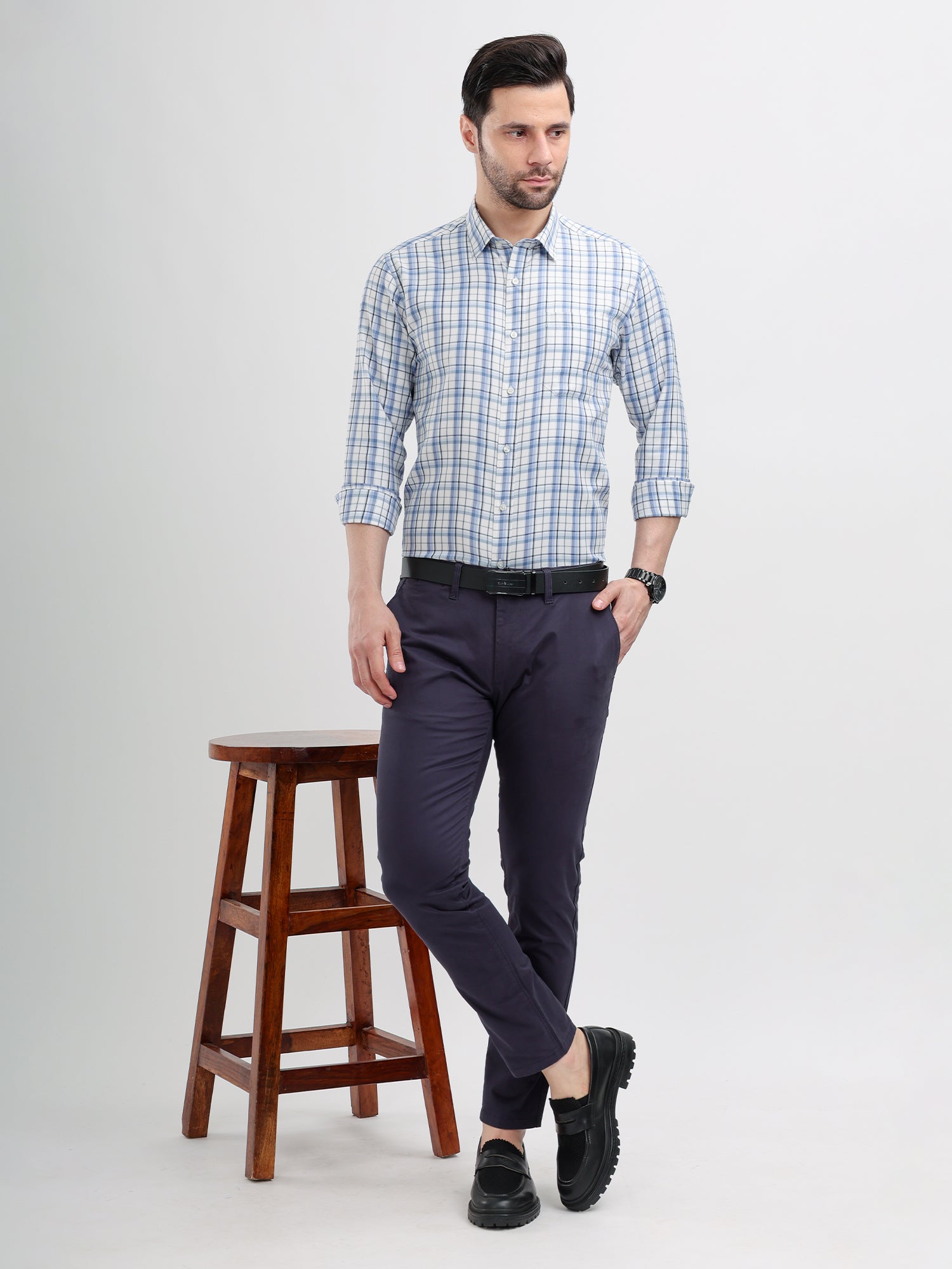 M Excess Checks Sky Blue Dress Shirt