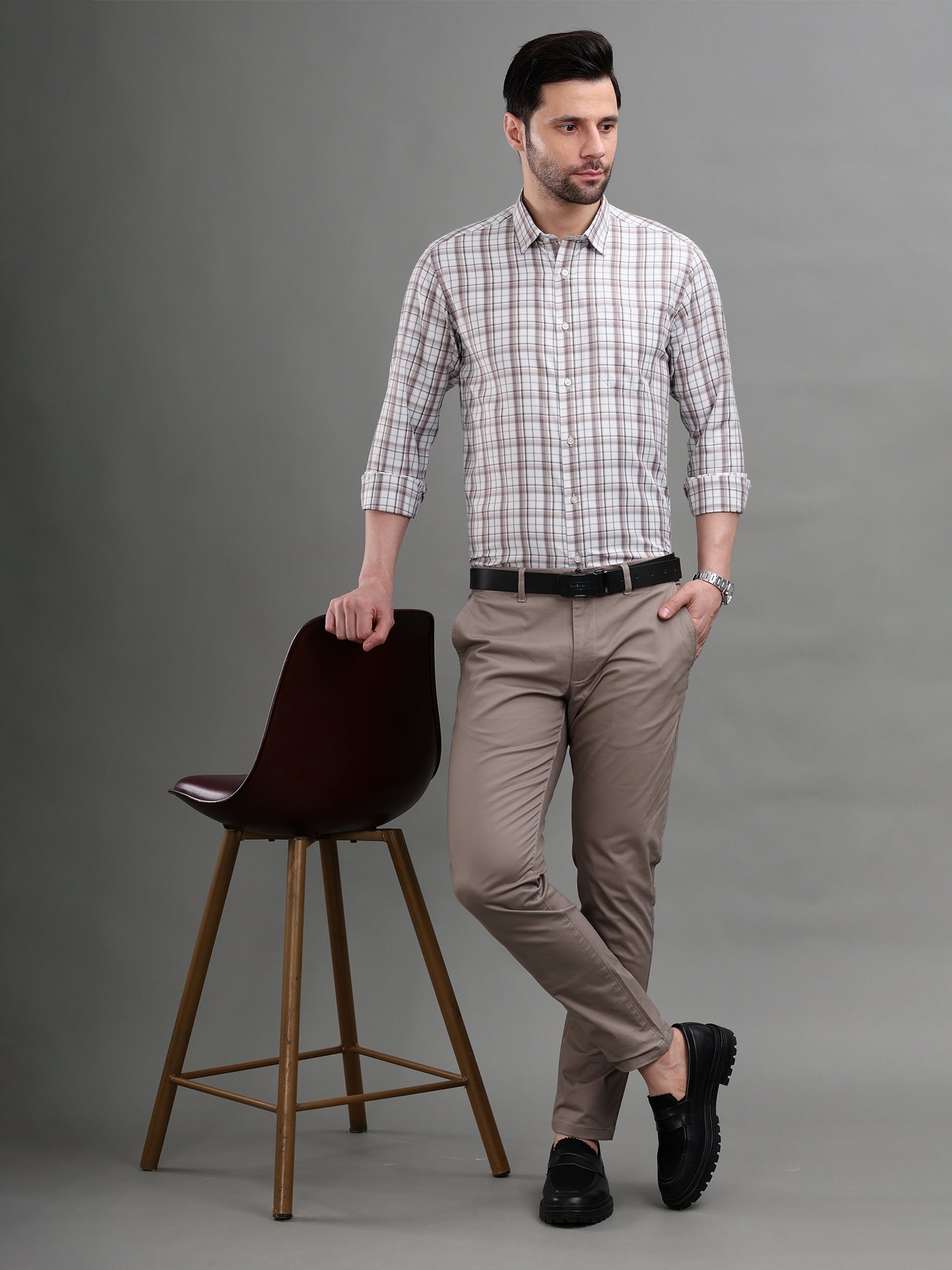 M Excess Checks Brown Dress Shirt