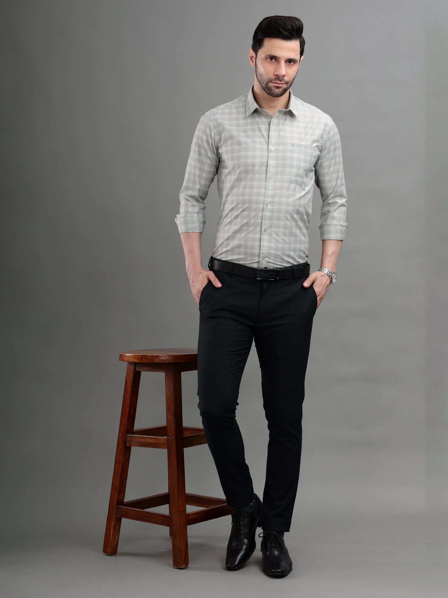 M Excess Checks Light Green Dress Shirt