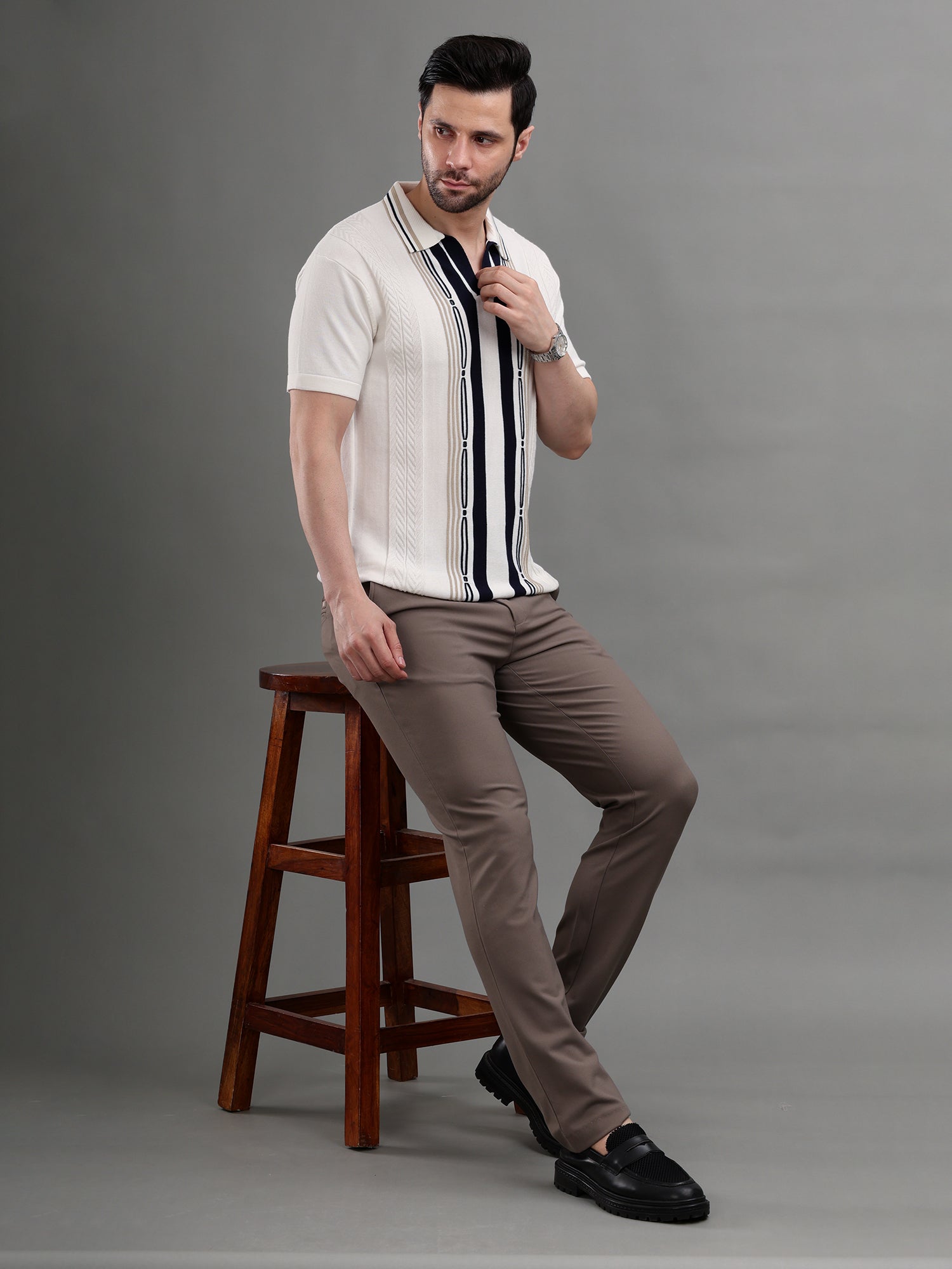 M Excess White/Blue Panel Knit Polo