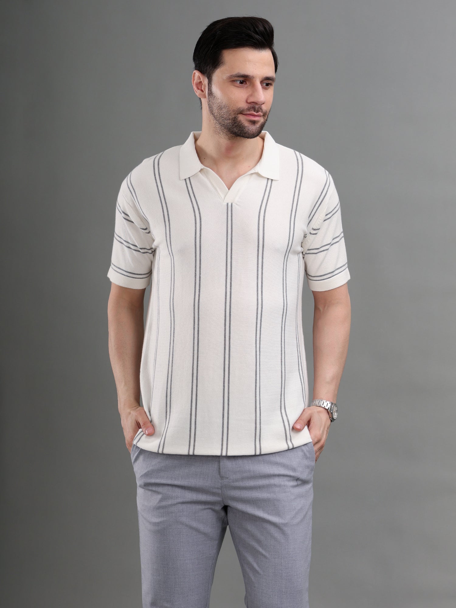 M Excess White Stripes Knit Polo