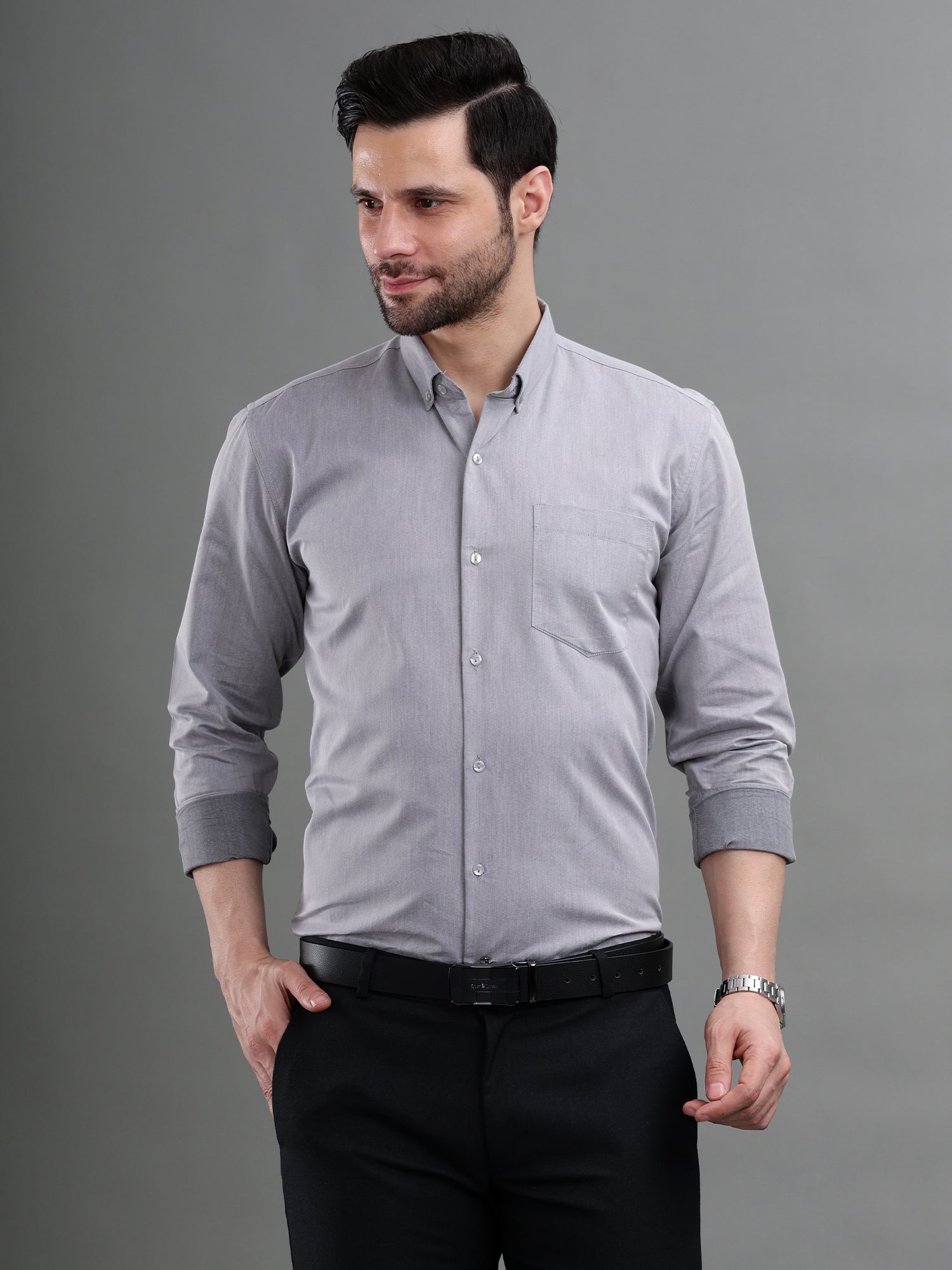 M Excess Solid Fossil Grey Dress Shirt