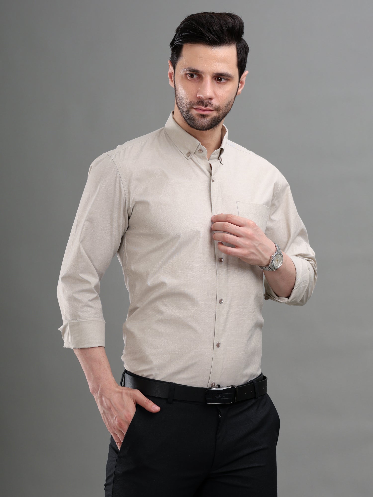 M Excess Solid Beige Dress Shirt