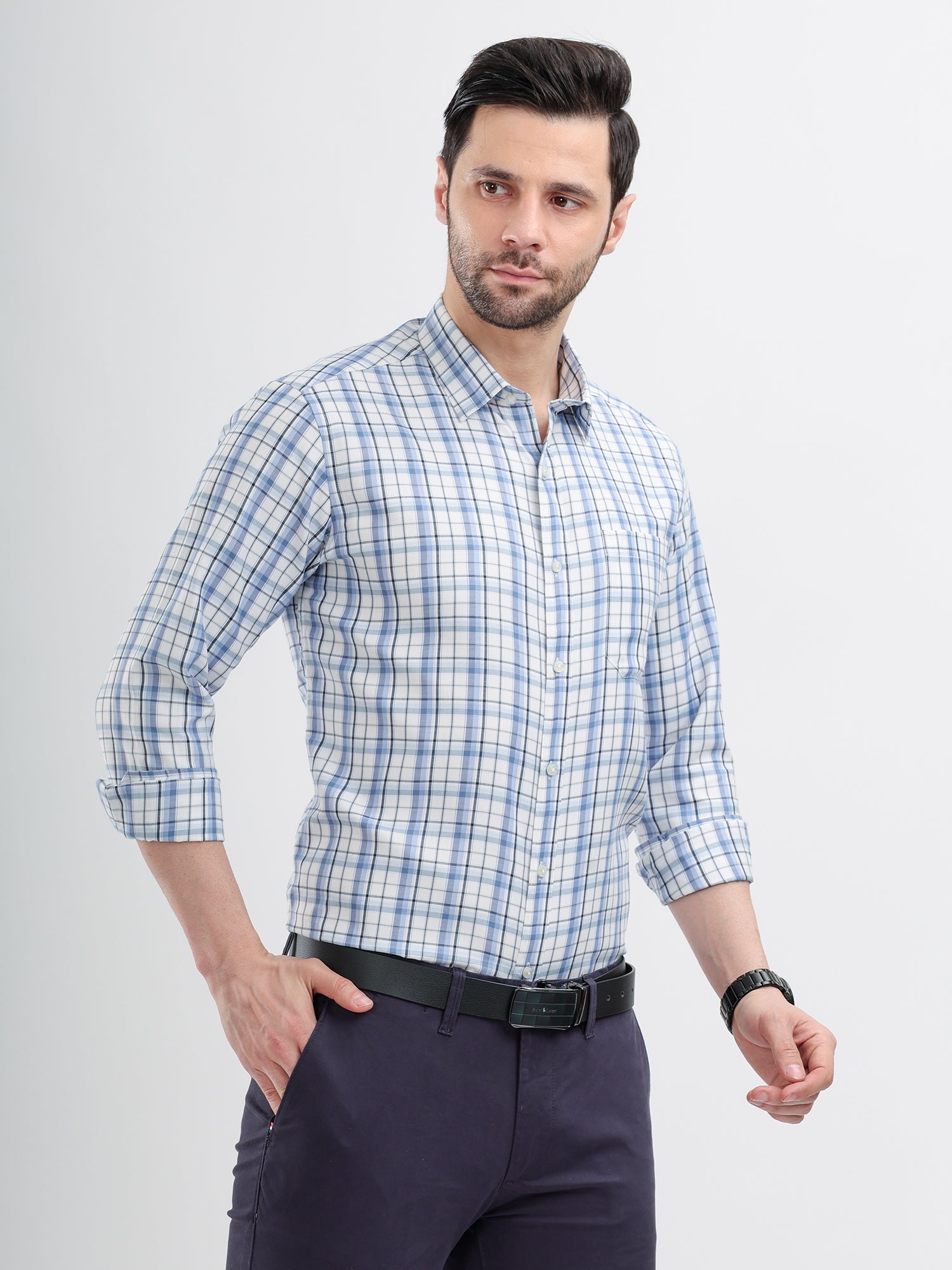 M Excess Checks Sky Blue Dress Shirt