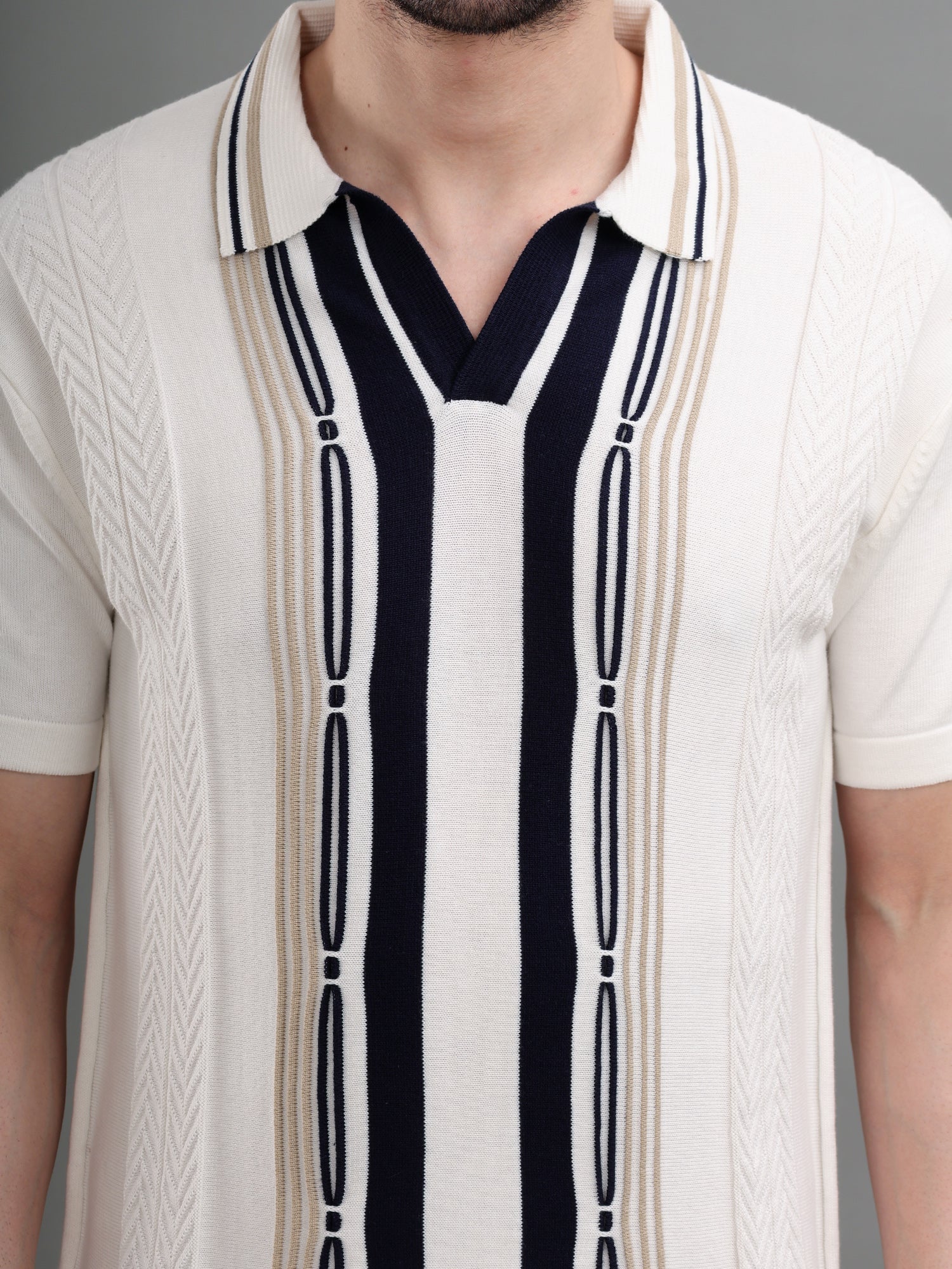 M Excess White/Blue Panel Knit Polo