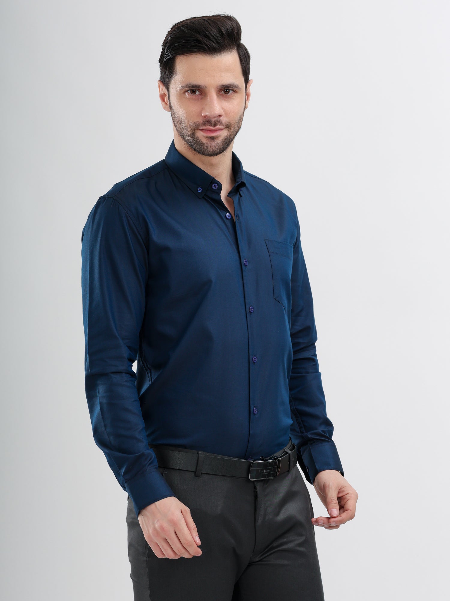 M Excess Solid Steel Blue Dress Shirt