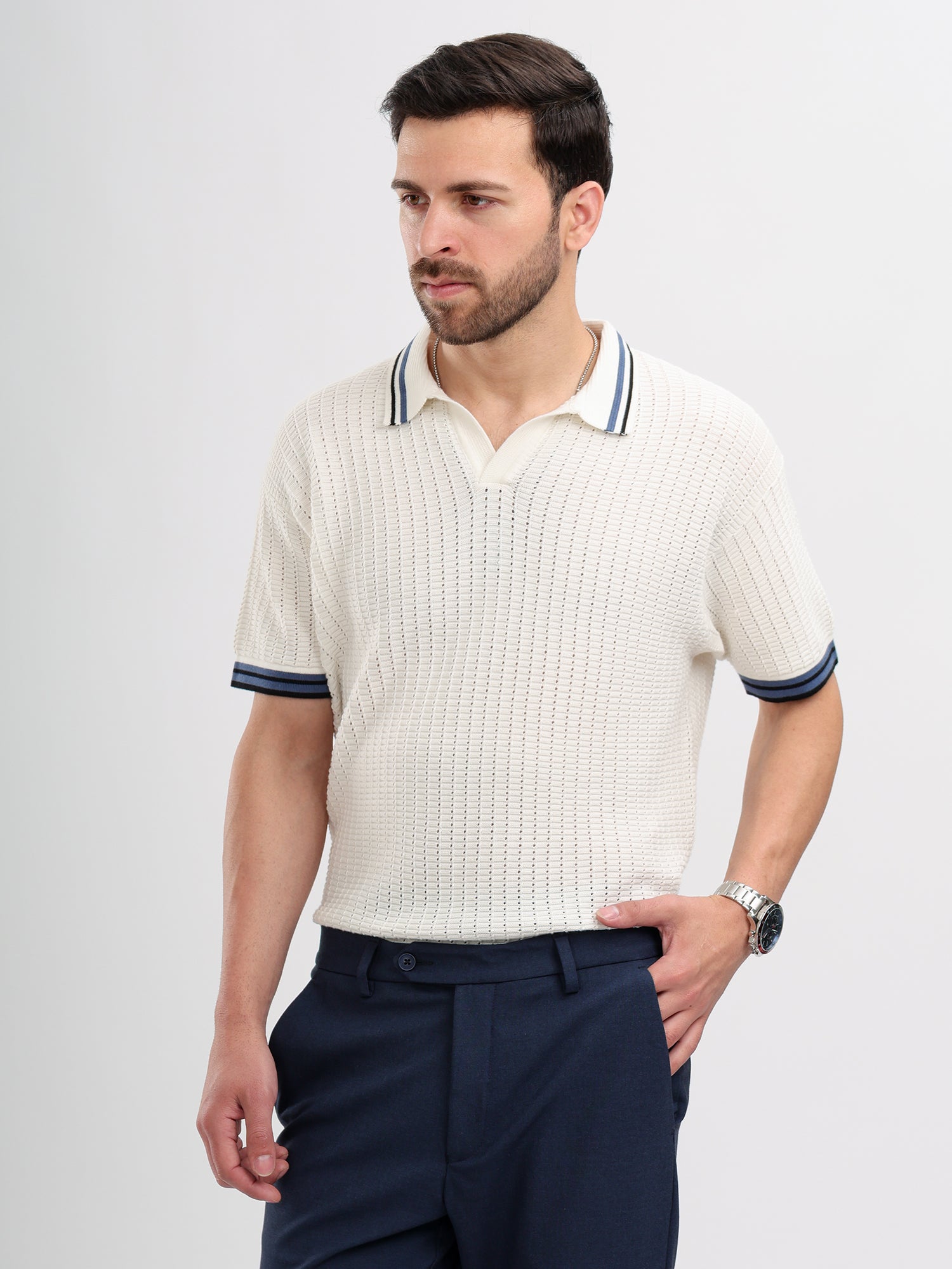 M Excess White & Blue Knit Polo