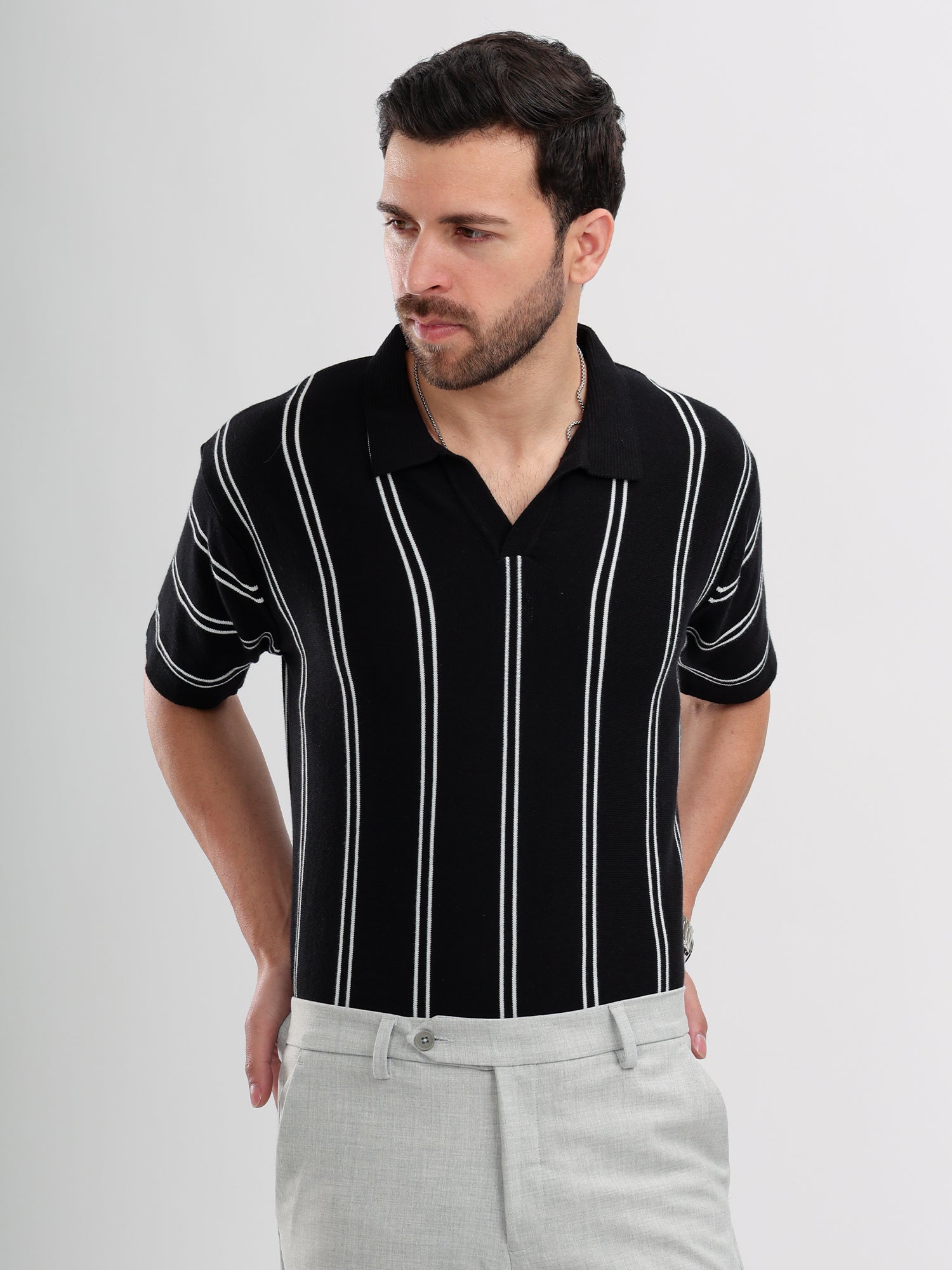 M Excess Black Stripes Knit Polo