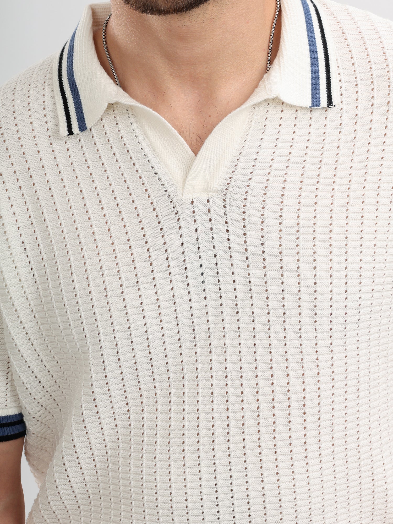 M Excess White & Blue Knit Polo