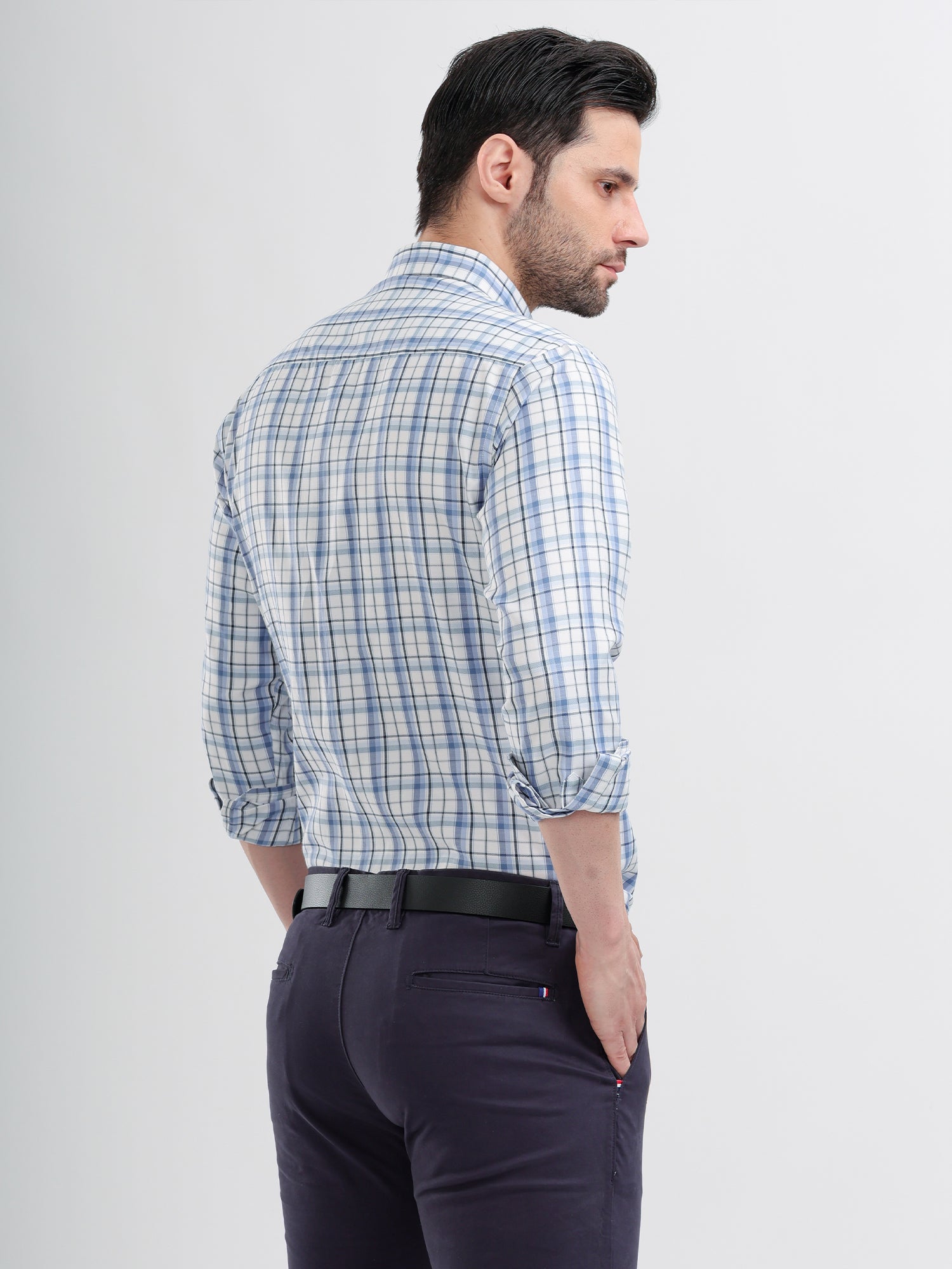 M Excess Checks Sky Blue Dress Shirt