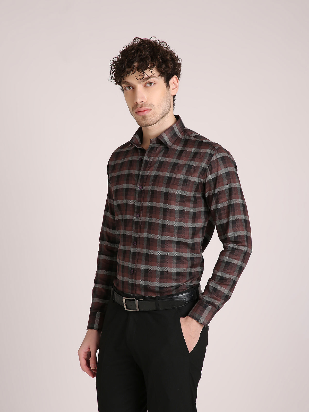 M Excess Checks Dark Brown Dress Shirt