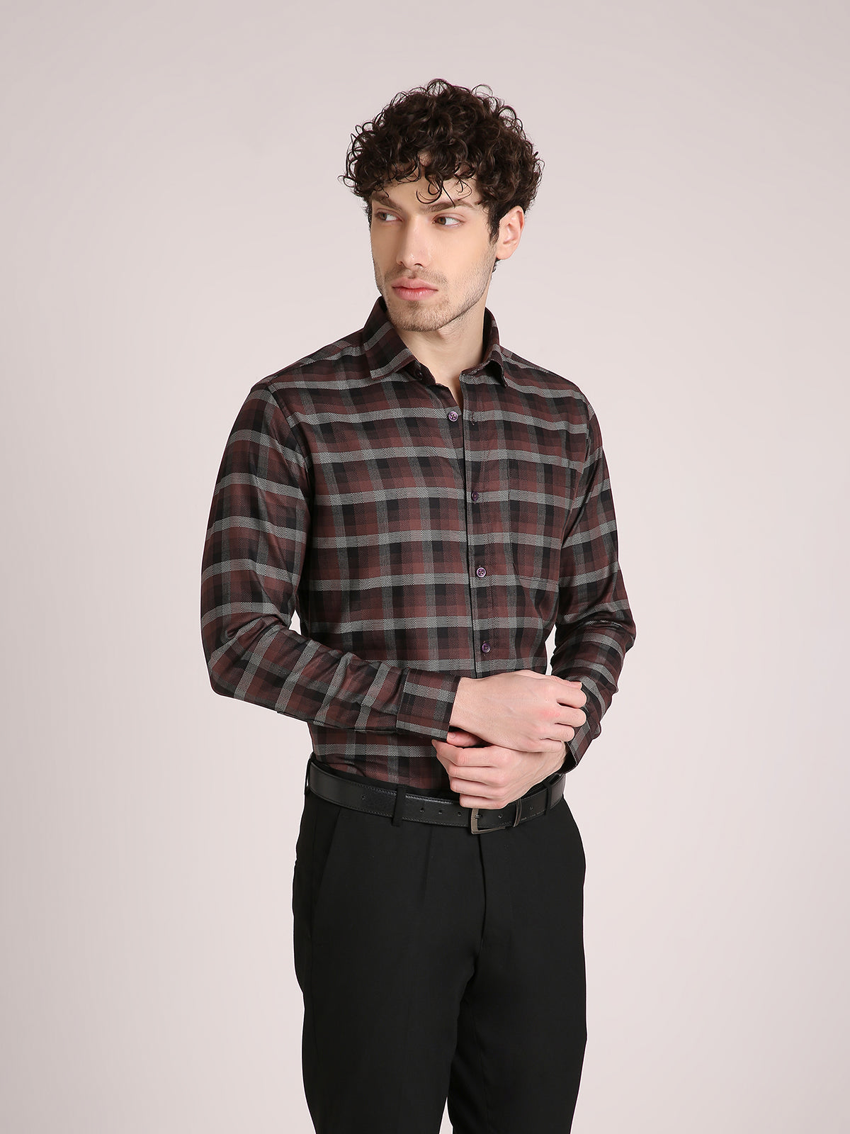 M Excess Checks Dark Brown Dress Shirt