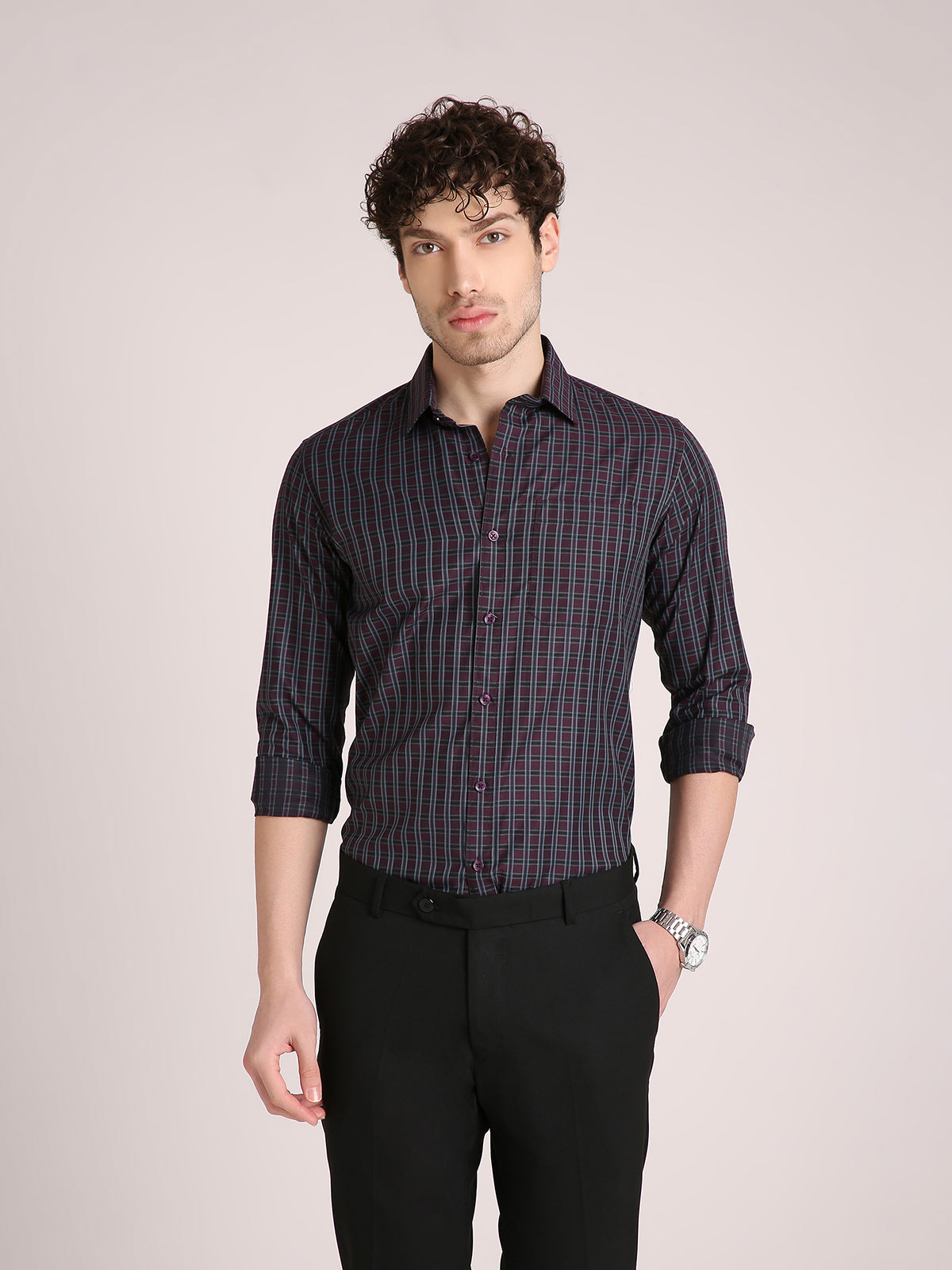 M Excess Checks Maroon Dress Shirt