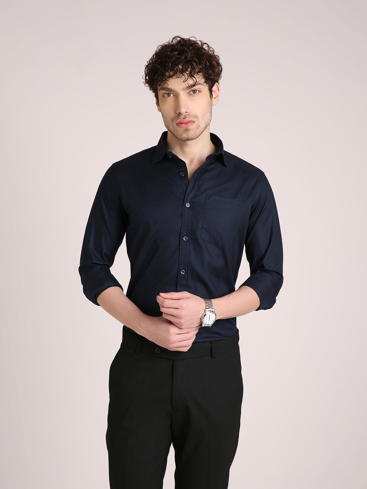 M Excess Solid Steel Blue Dress Shirt