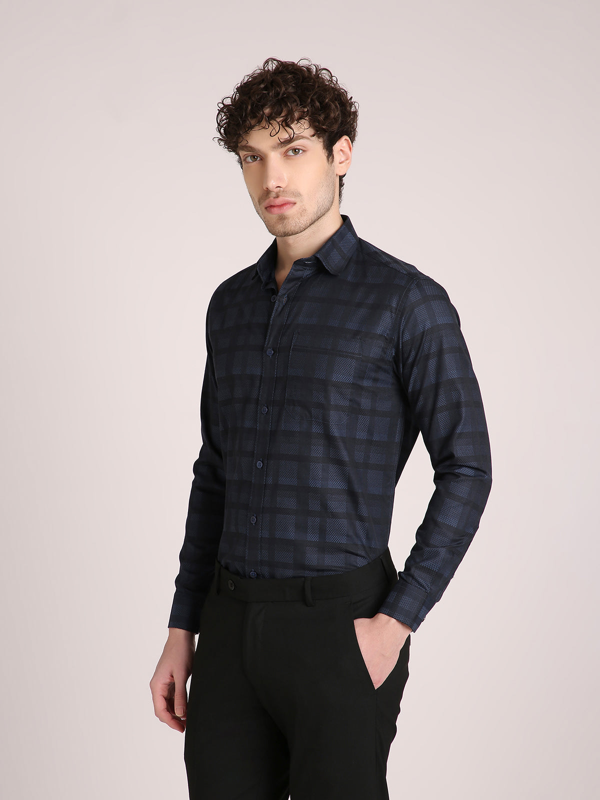 M Excess Checks Midnight Blue Dress Shirt
