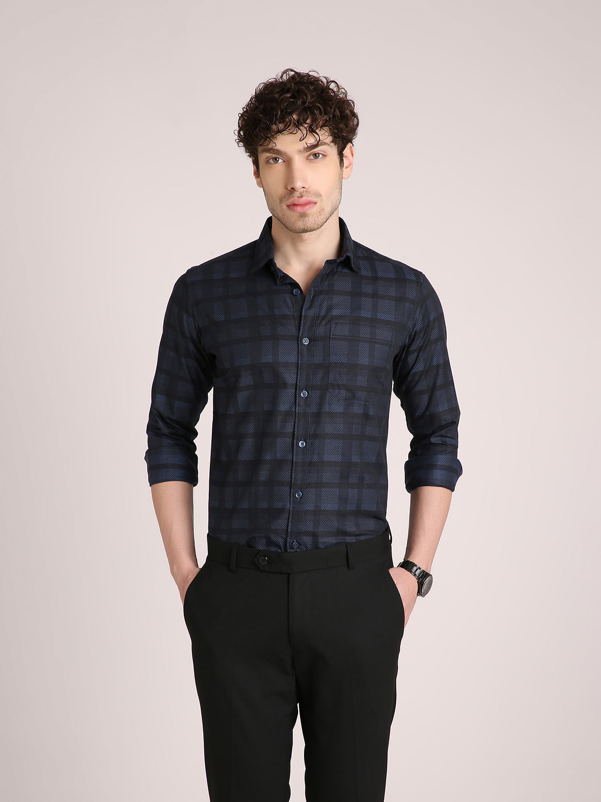 M Excess Checks Midnight Blue Dress Shirt
