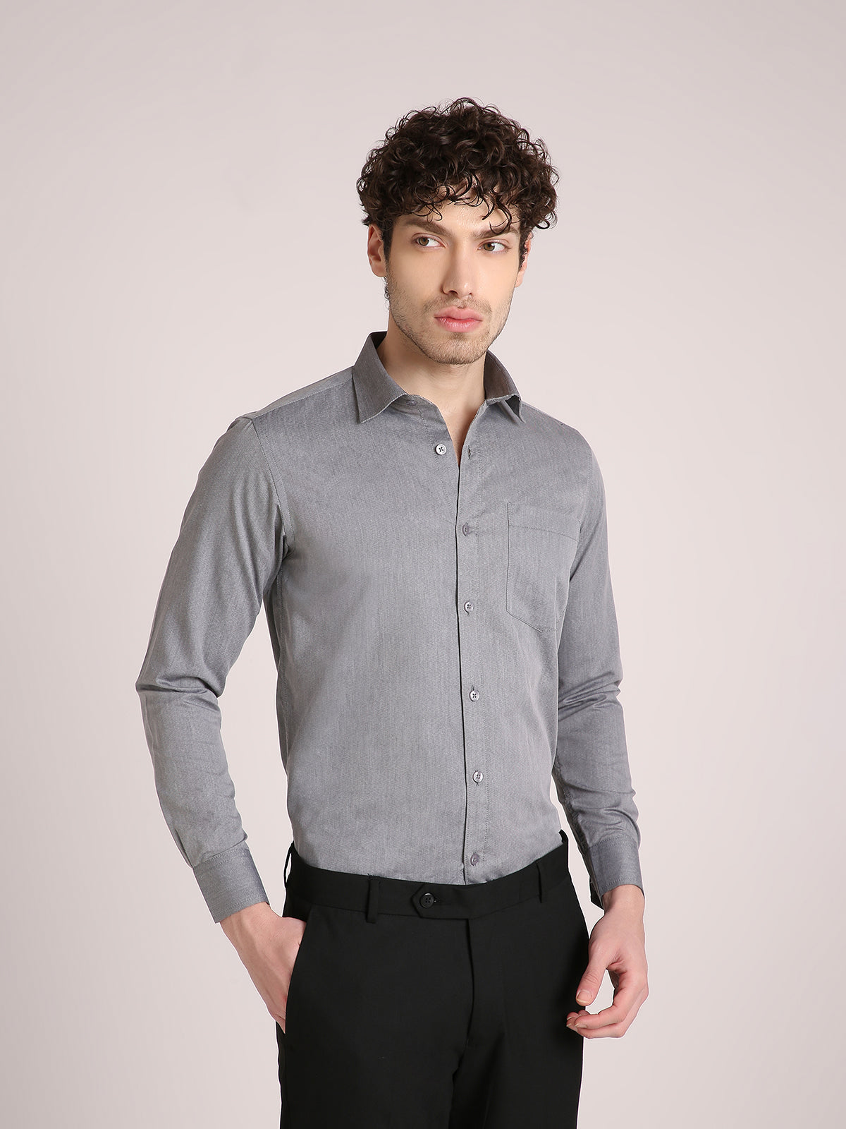 M Excess Solid Fossil Grey Dress Shirt