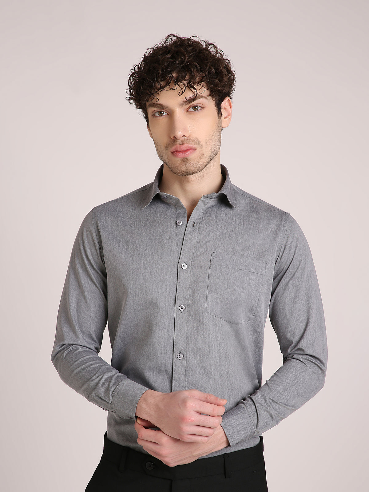 M Excess Solid Fossil Grey Dress Shirt