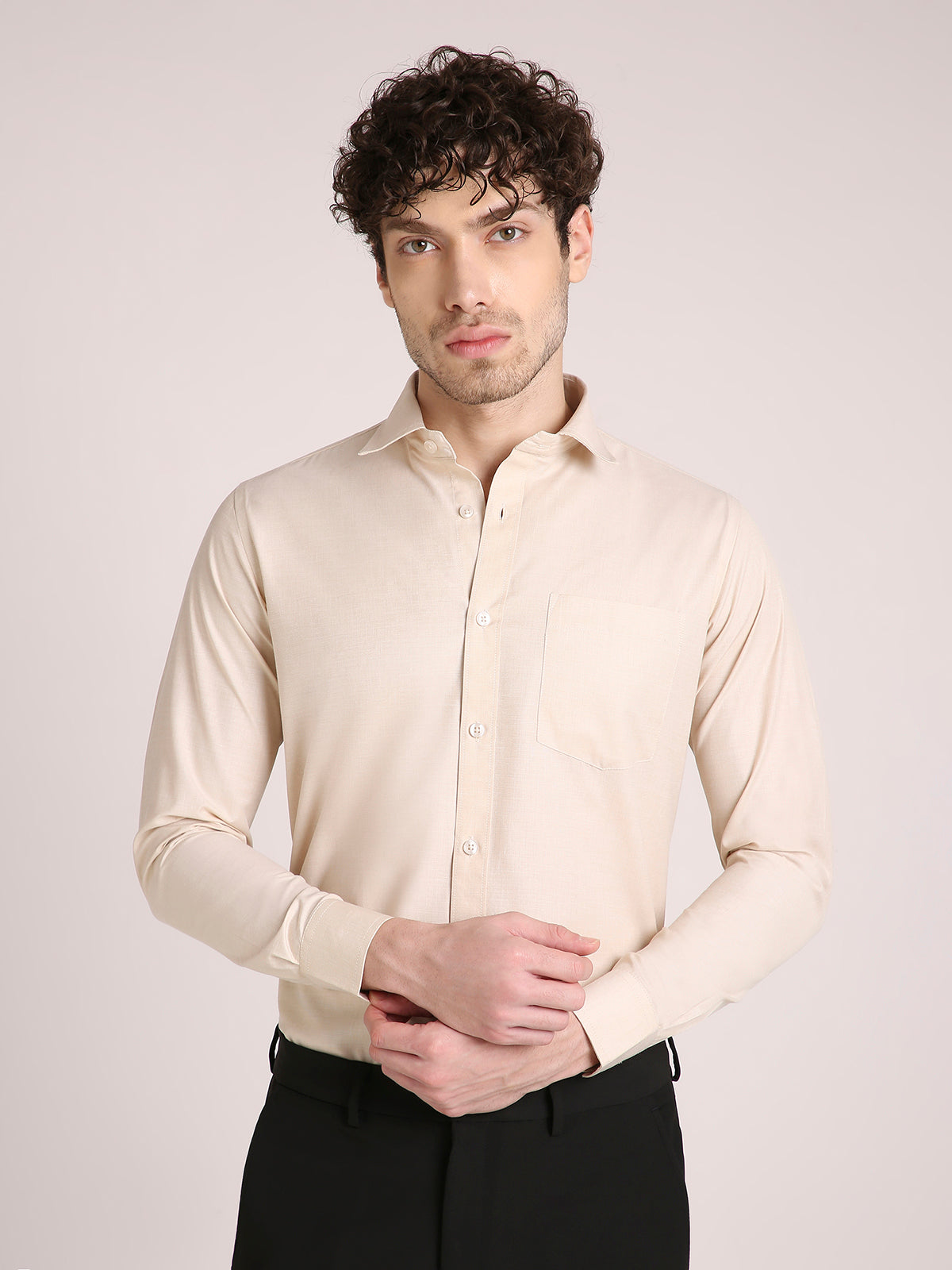 M Excess Solid Beige Dress Shirt