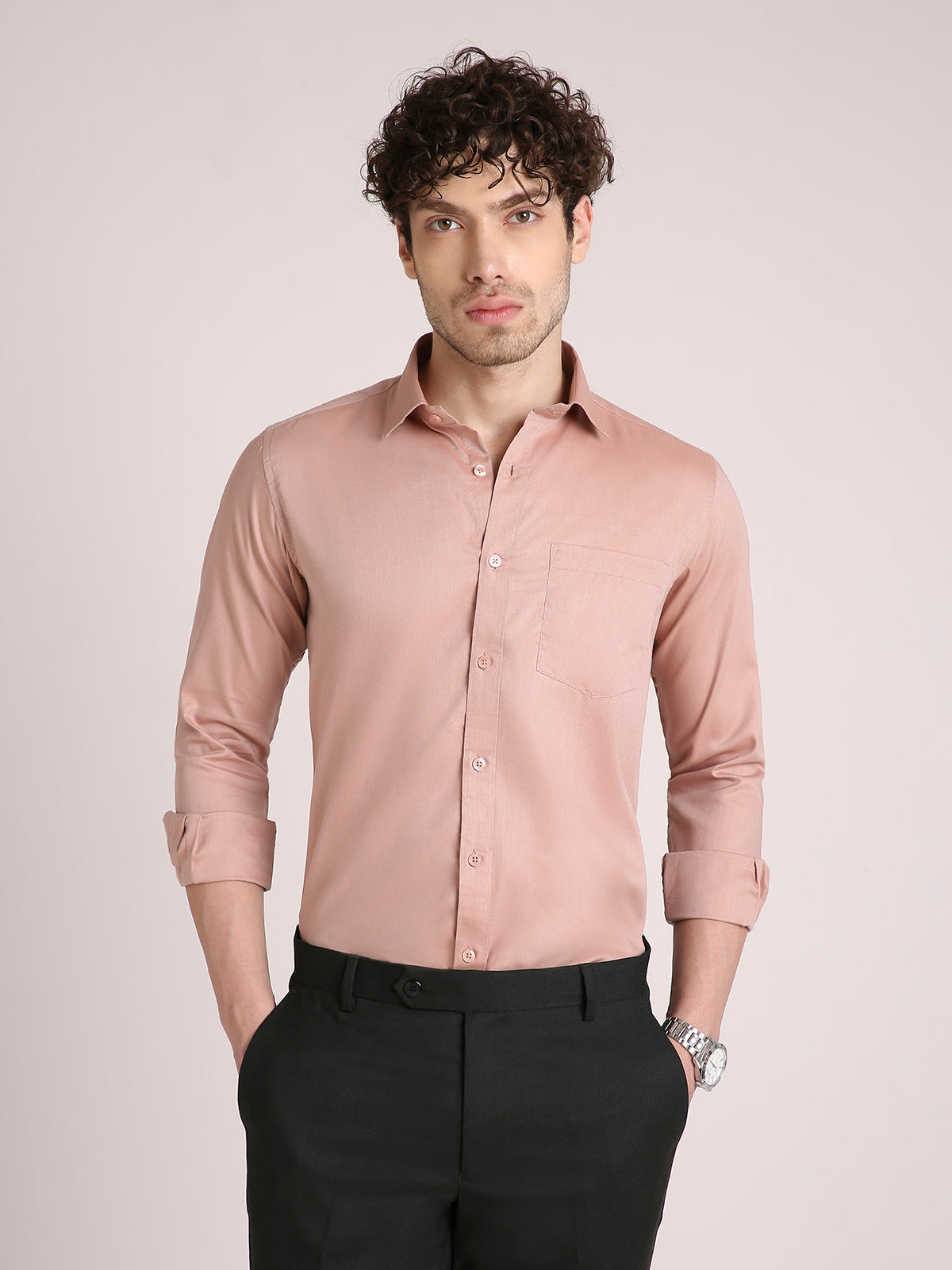 M Excess Solid Pastel Peach Dress Shirt
