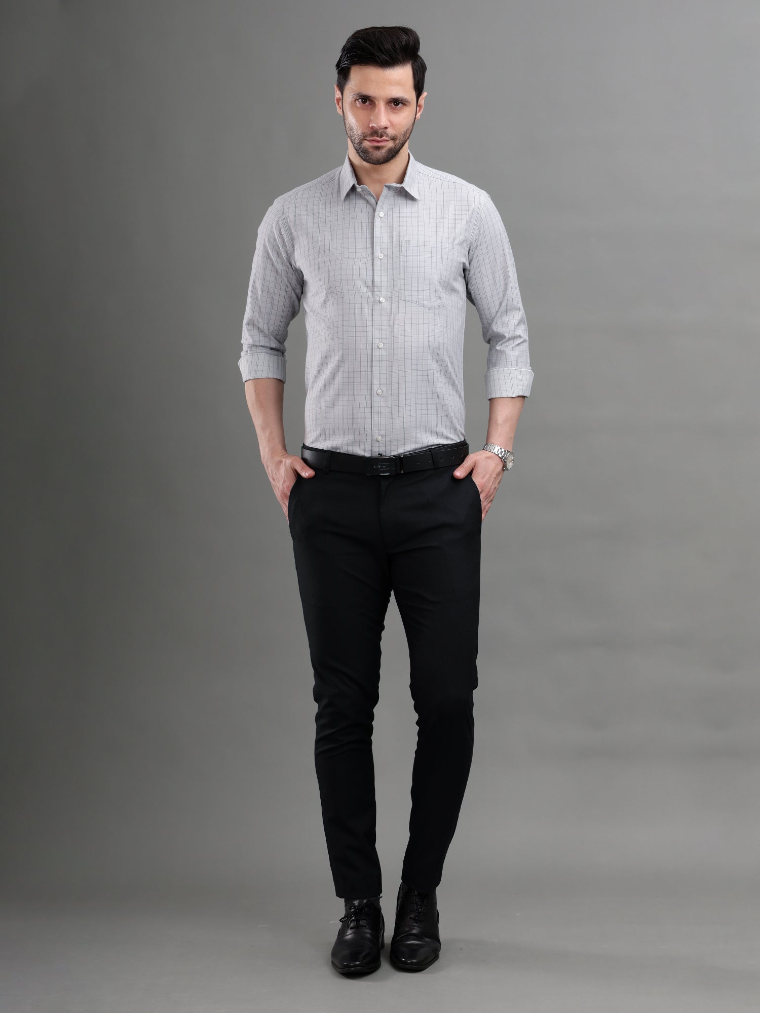 M Excess Checks Mist Grey Dress Shirt