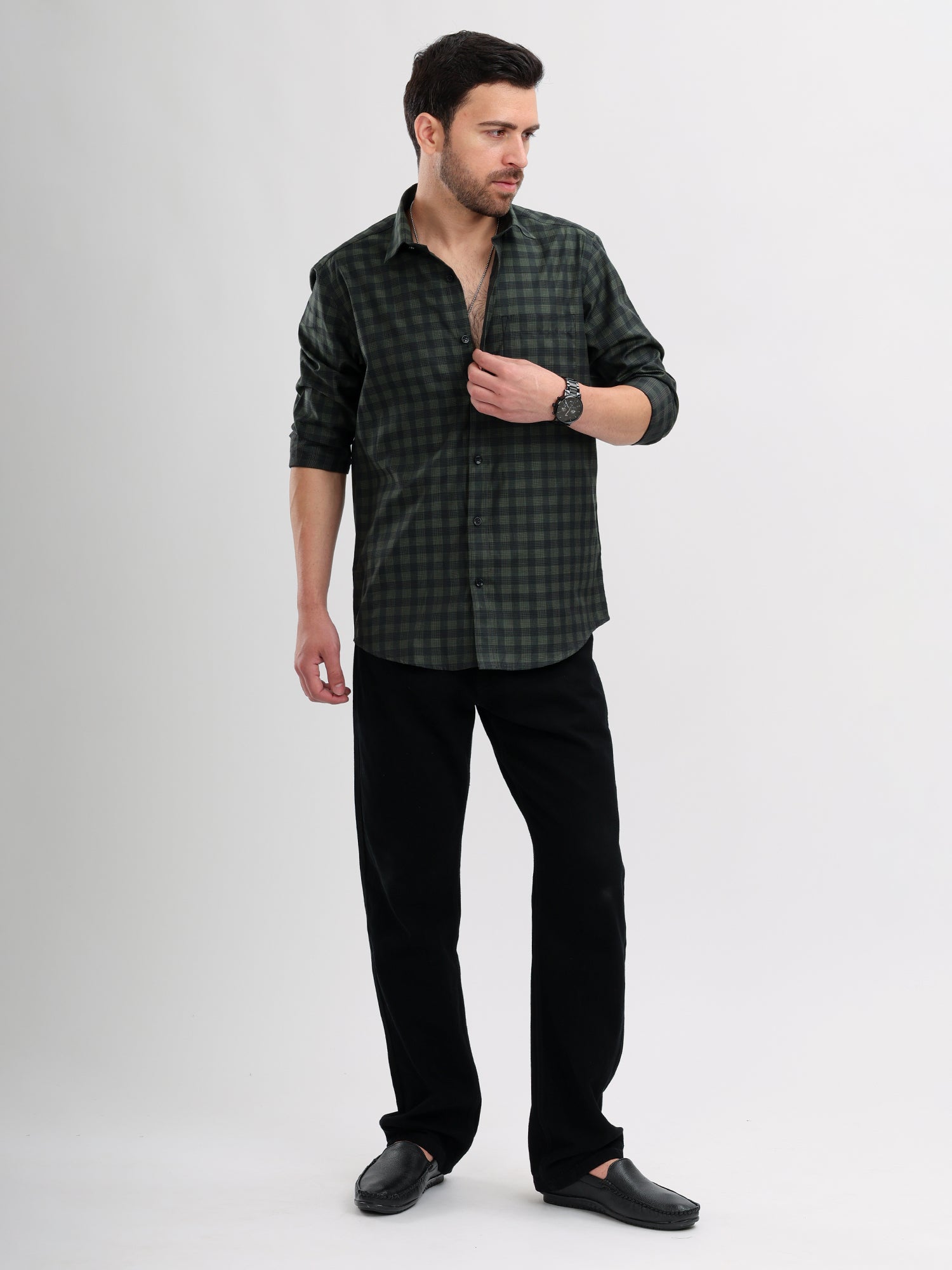 M Excess Checks Dark Green Dress Shirt