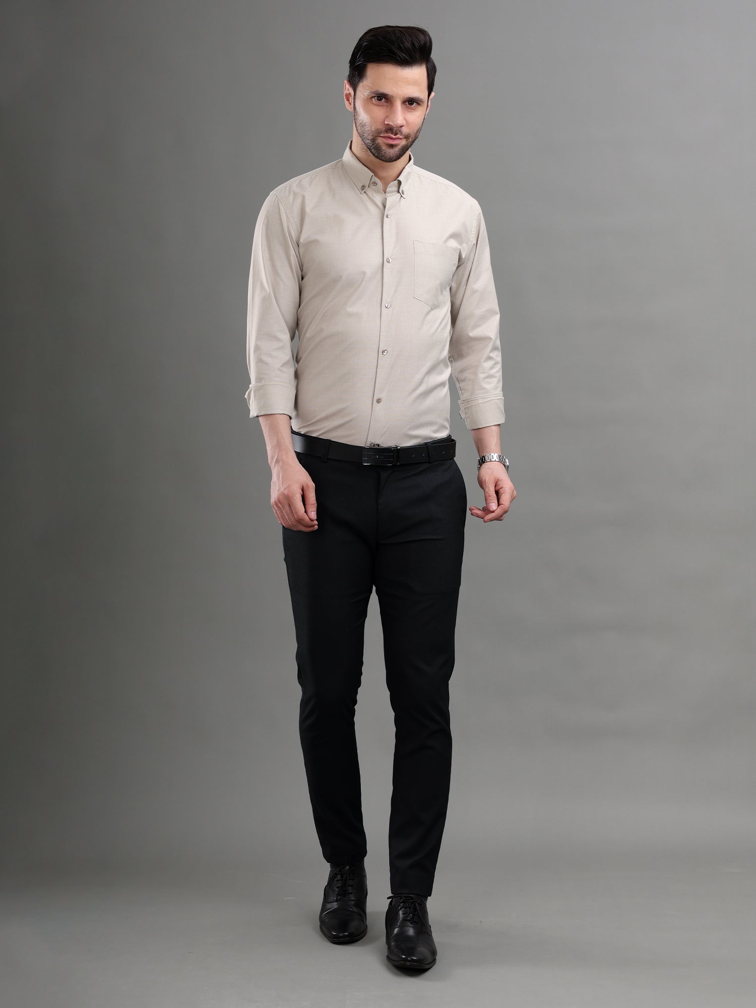 M Excess Solid Beige Dress Shirt