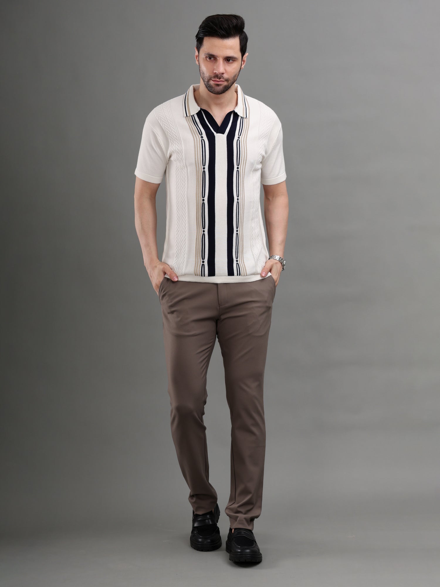 M Excess White/Blue Panel Knit Polo