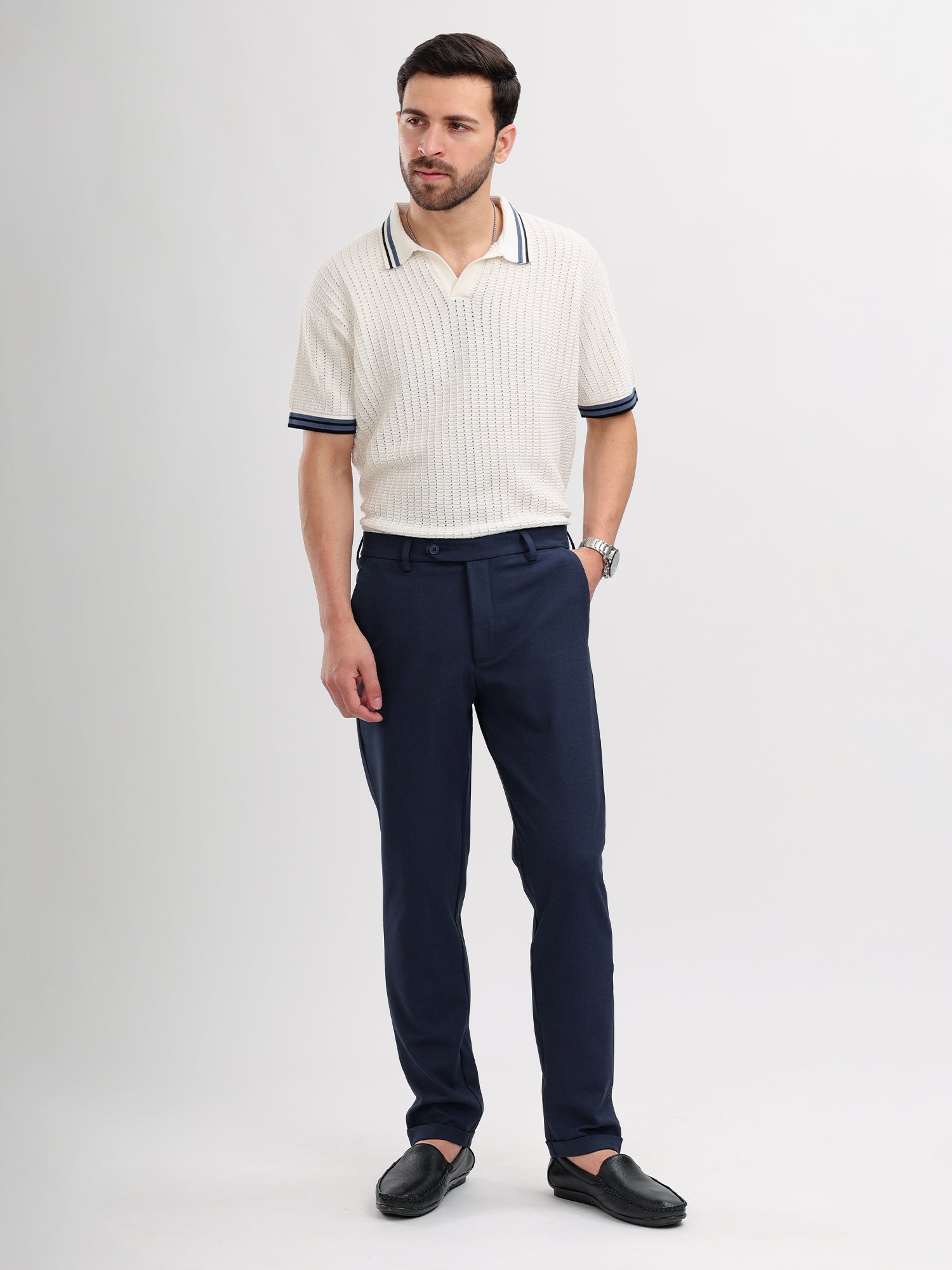 M Excess White & Blue Knit Polo