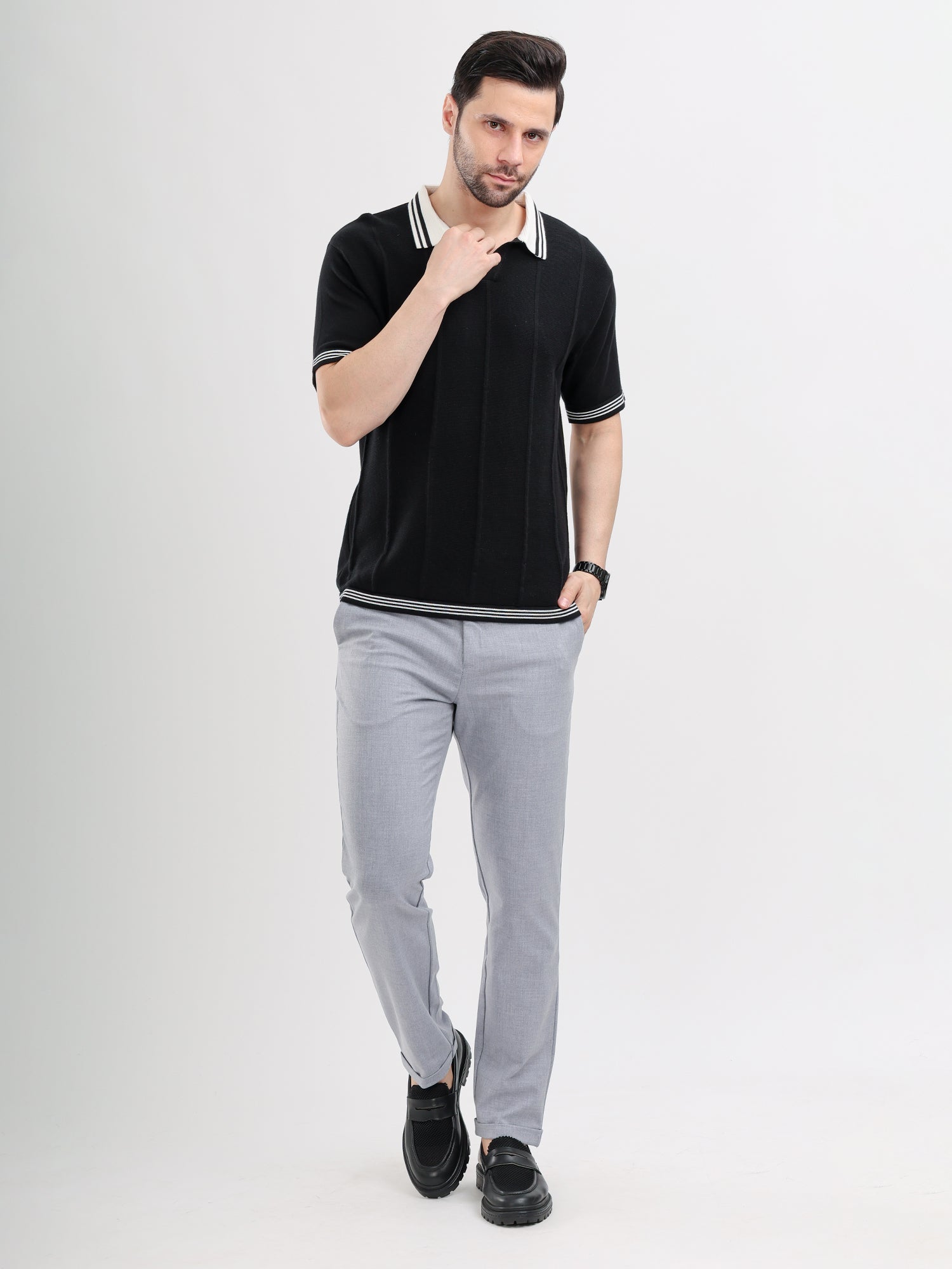 M Excess Contrast Black Knit Polo