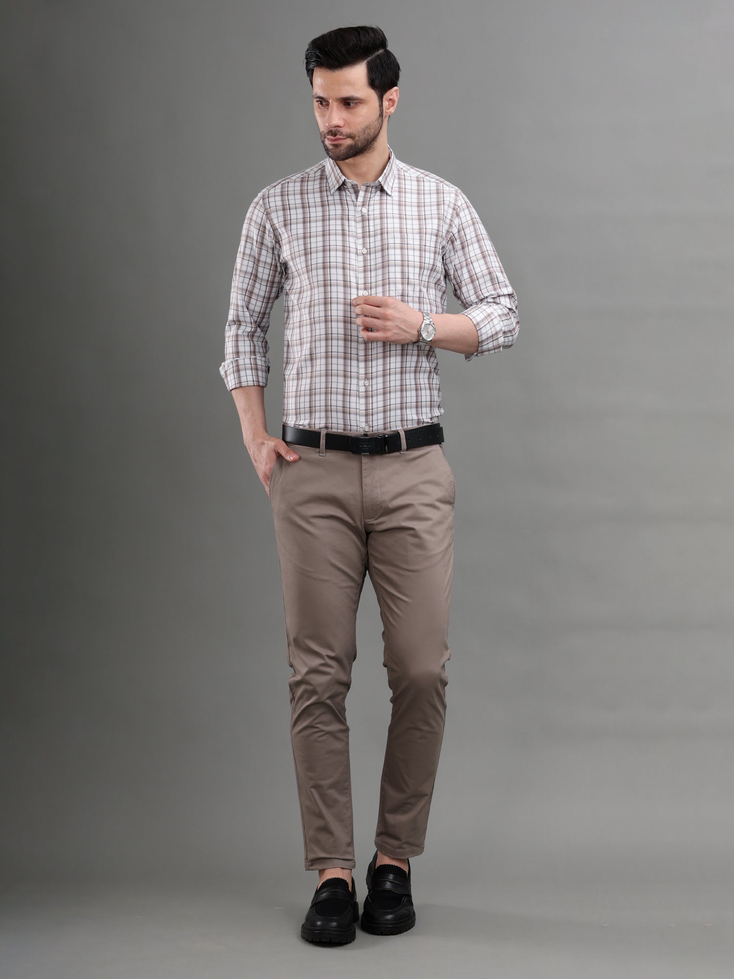 M Excess Checks Brown Dress Shirt