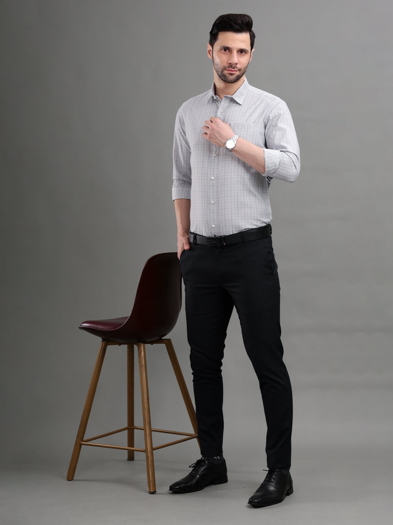 M Excess Checks Mist Grey Dress Shirt