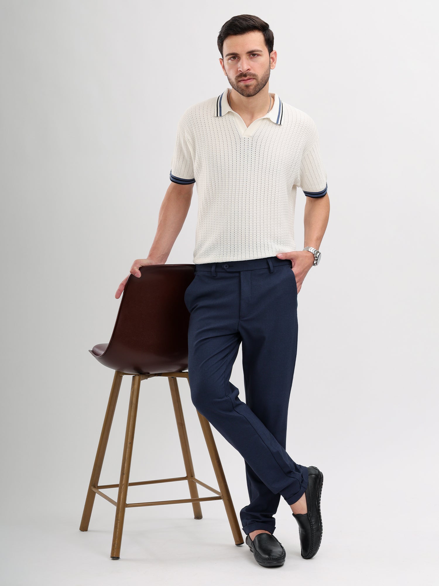M Excess White & Blue Knit Polo