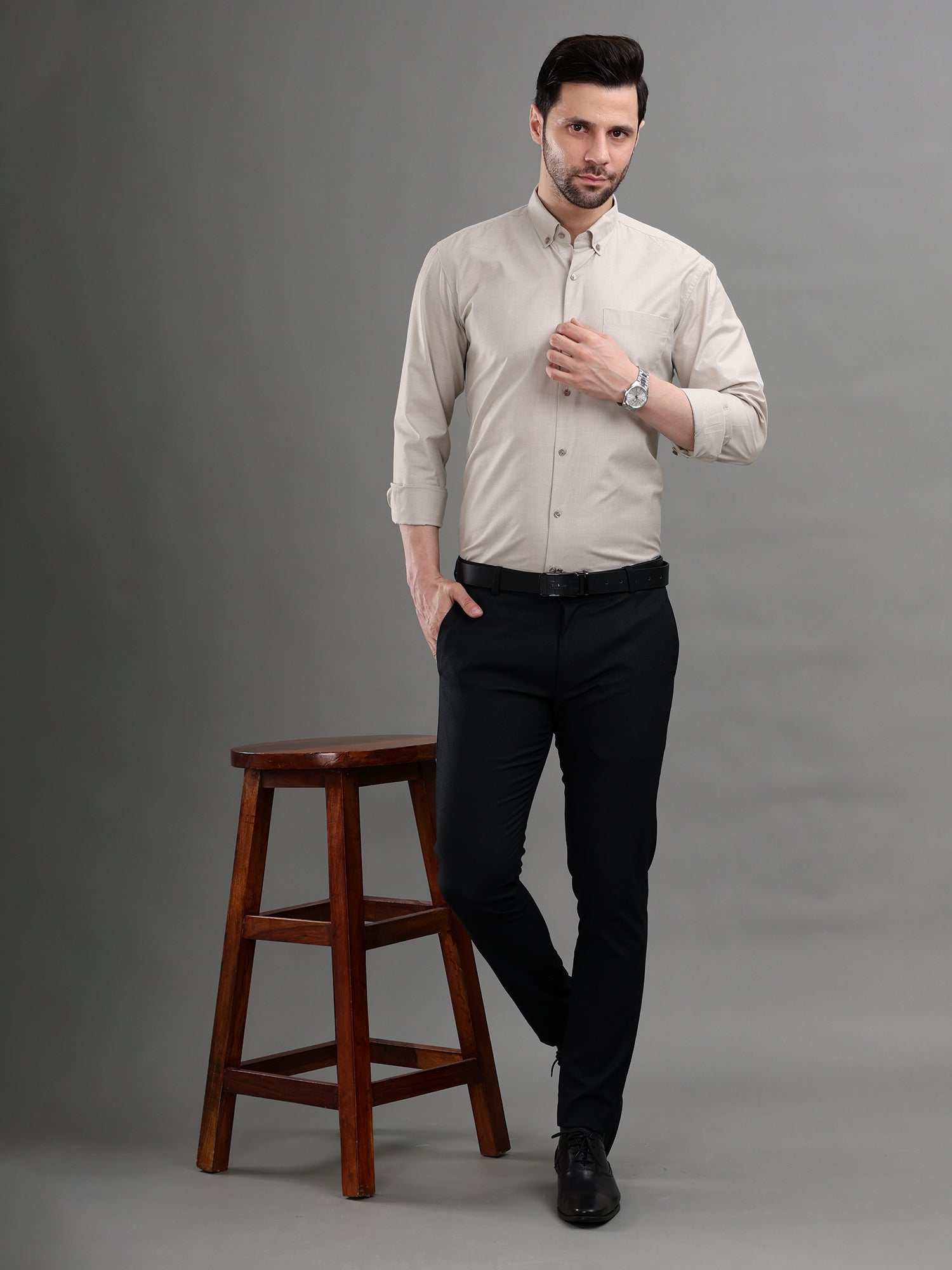 M Excess Solid Beige Dress Shirt