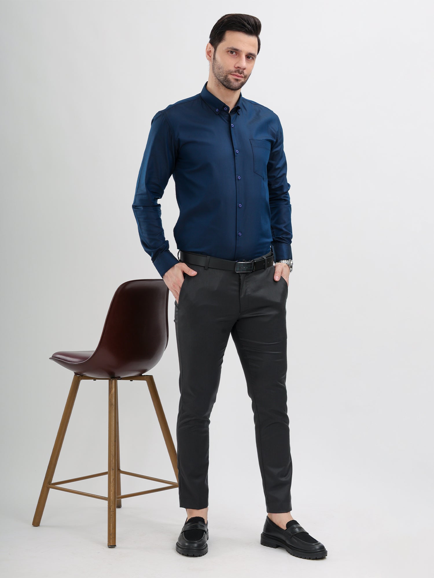 M Excess Solid Steel Blue Dress Shirt