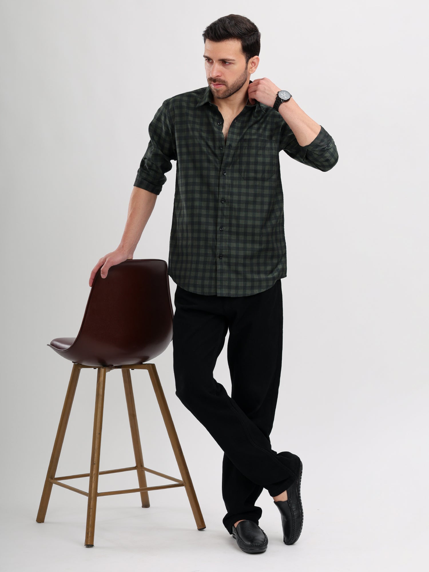 M Excess Checks Dark Green Dress Shirt