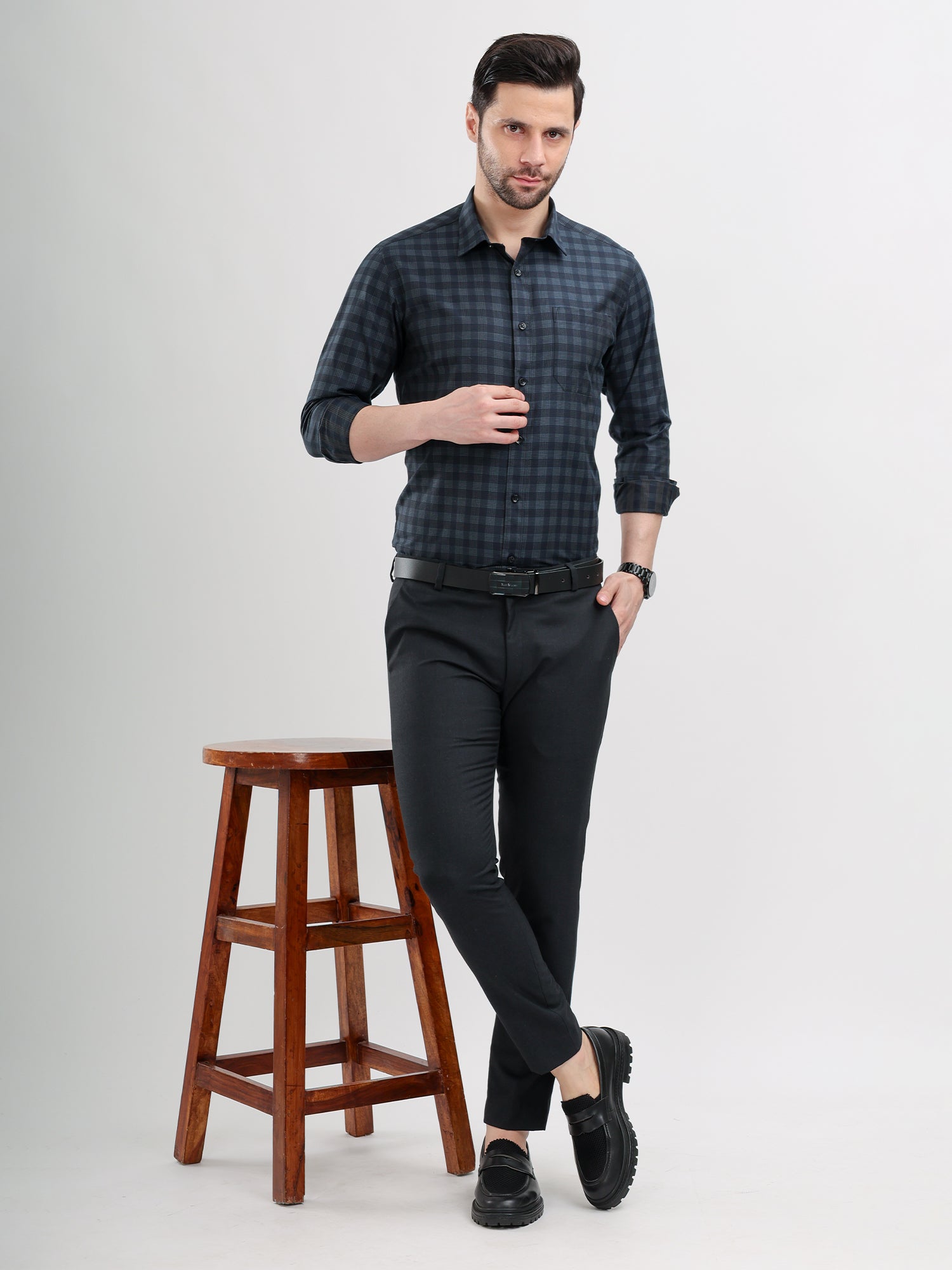 M Excess Checks Blue Dress Shirt