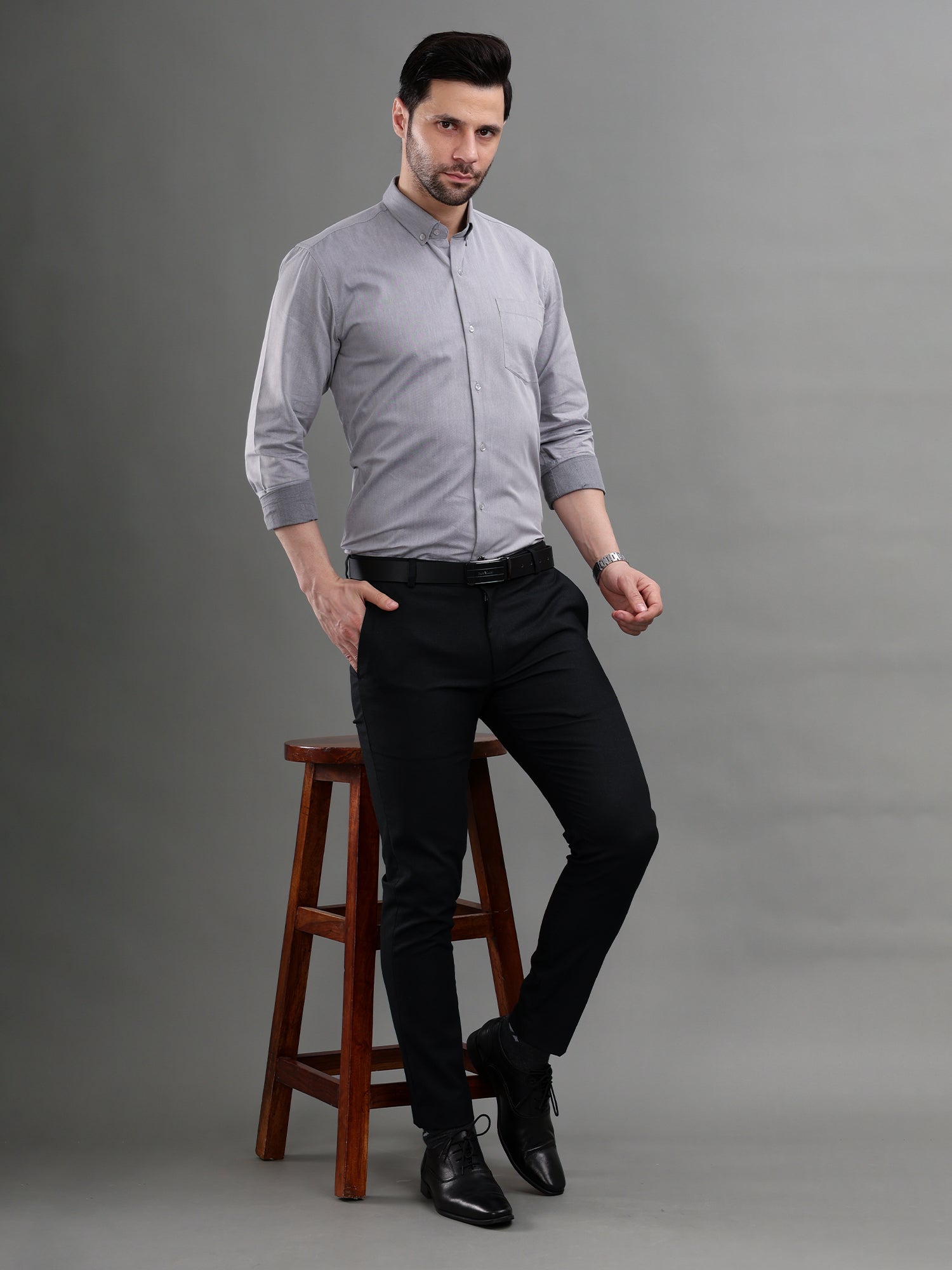 M Excess Solid Fossil Grey Dress Shirt