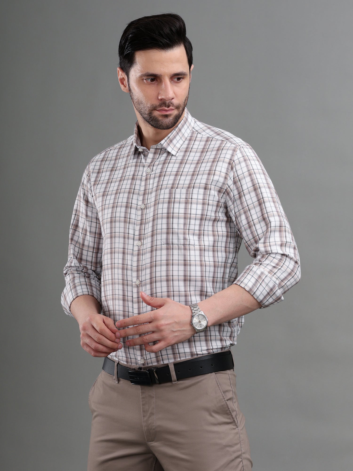M Excess Checks Brown Dress Shirt