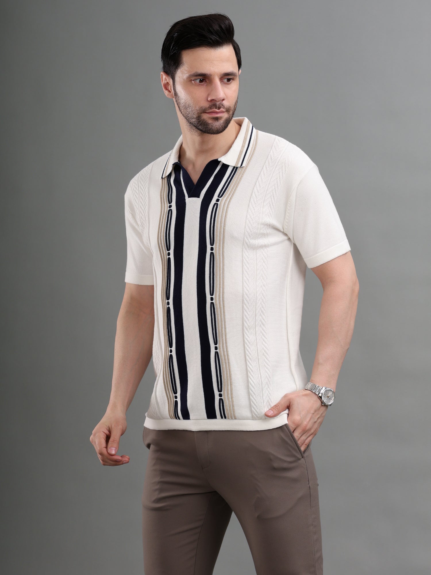 M Excess White/Blue Panel Knit Polo