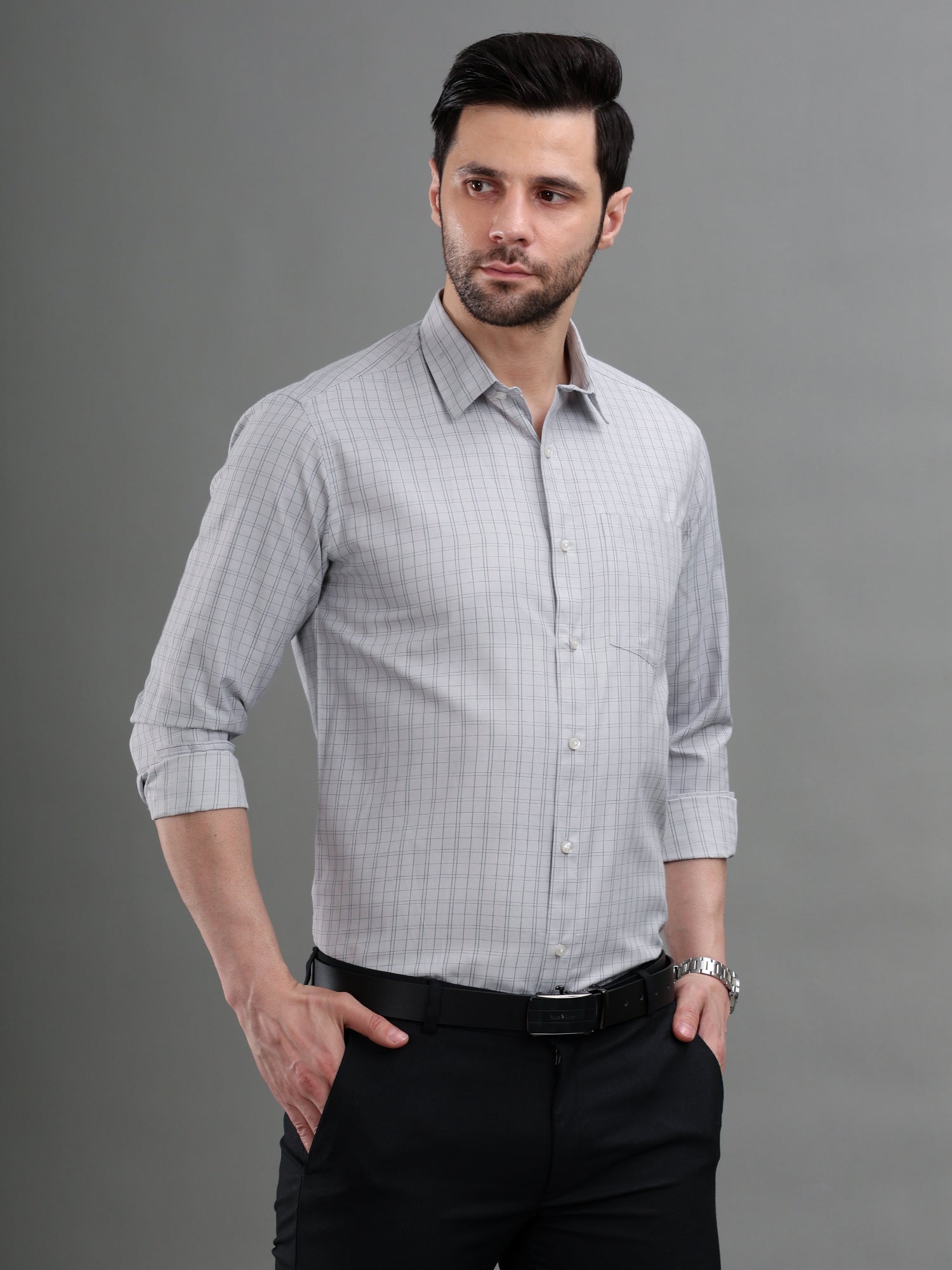M Excess Checks Mist Grey Dress Shirt