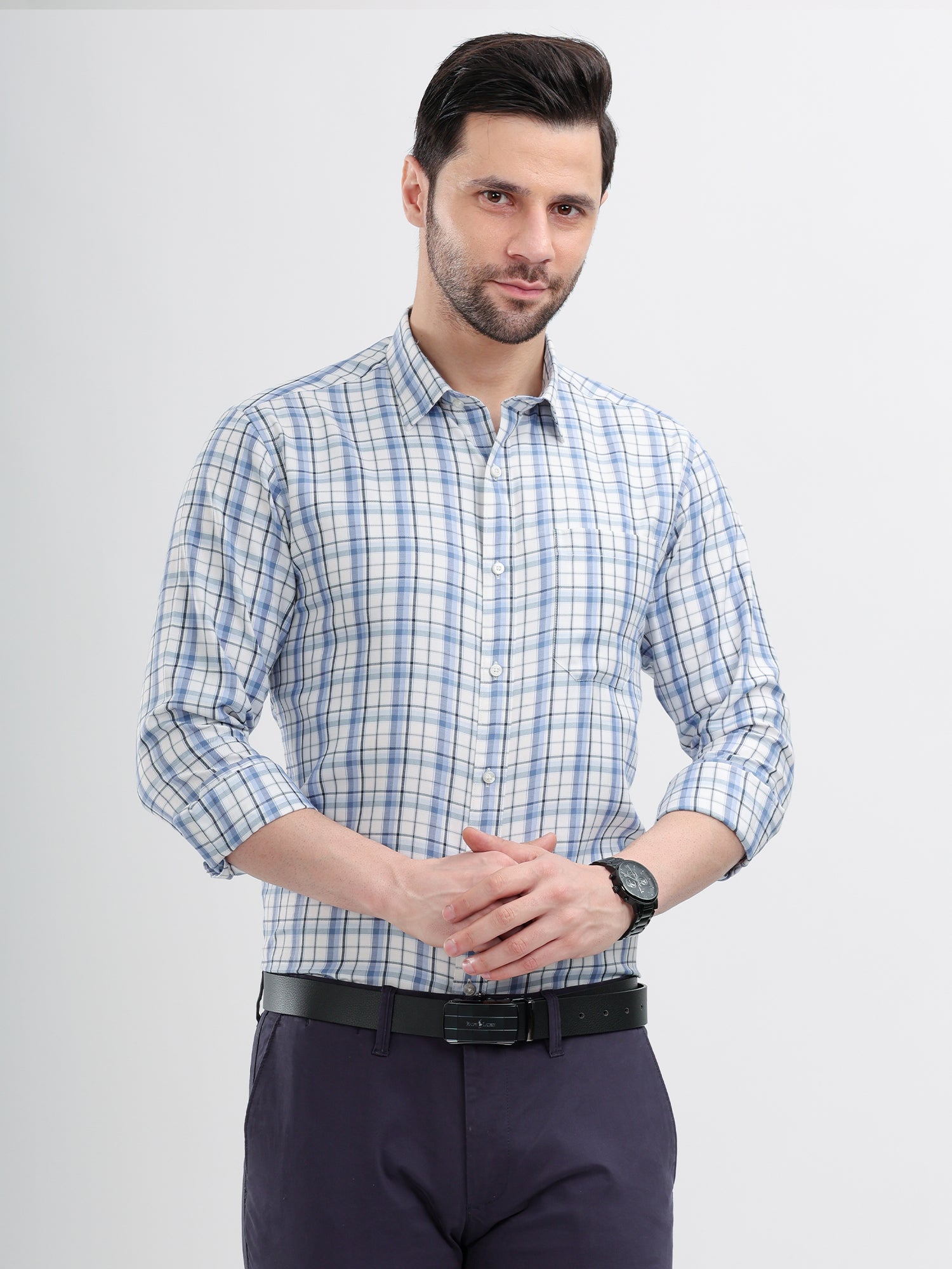 M Excess Checks Sky Blue Dress Shirt