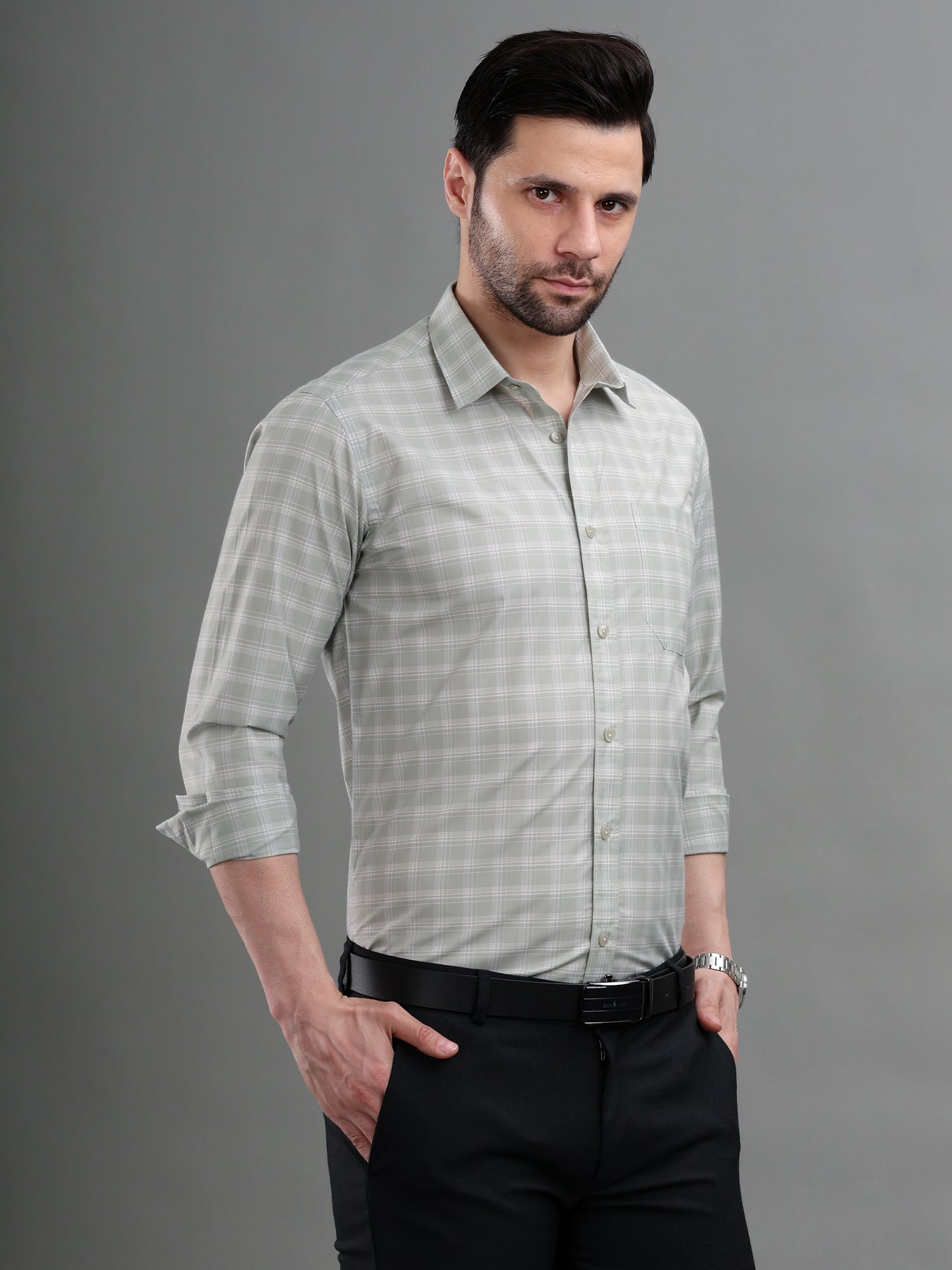 M Excess Checks Light Green Dress Shirt