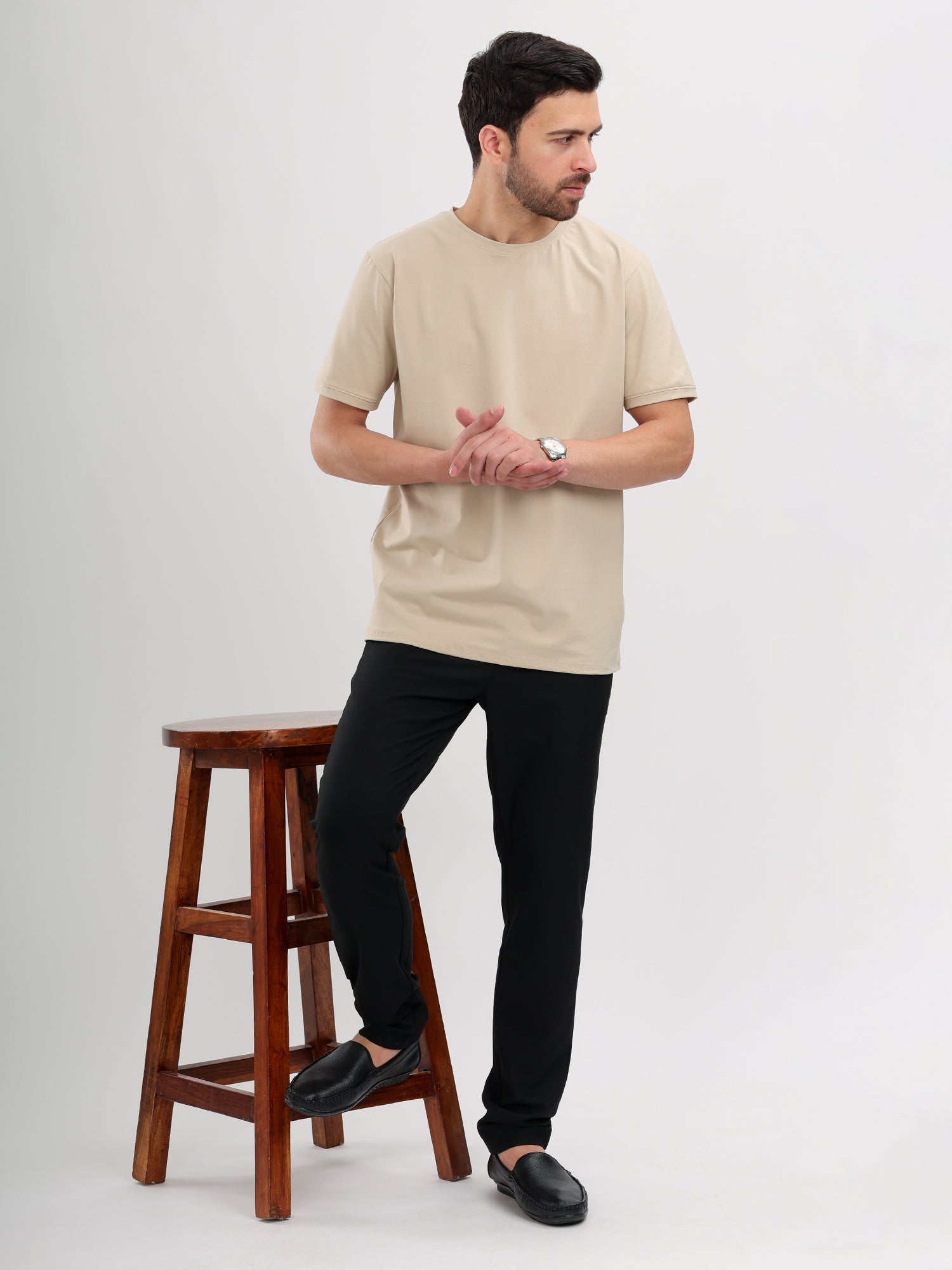 M Excess Beige Essential Crew Neck T-Shirts